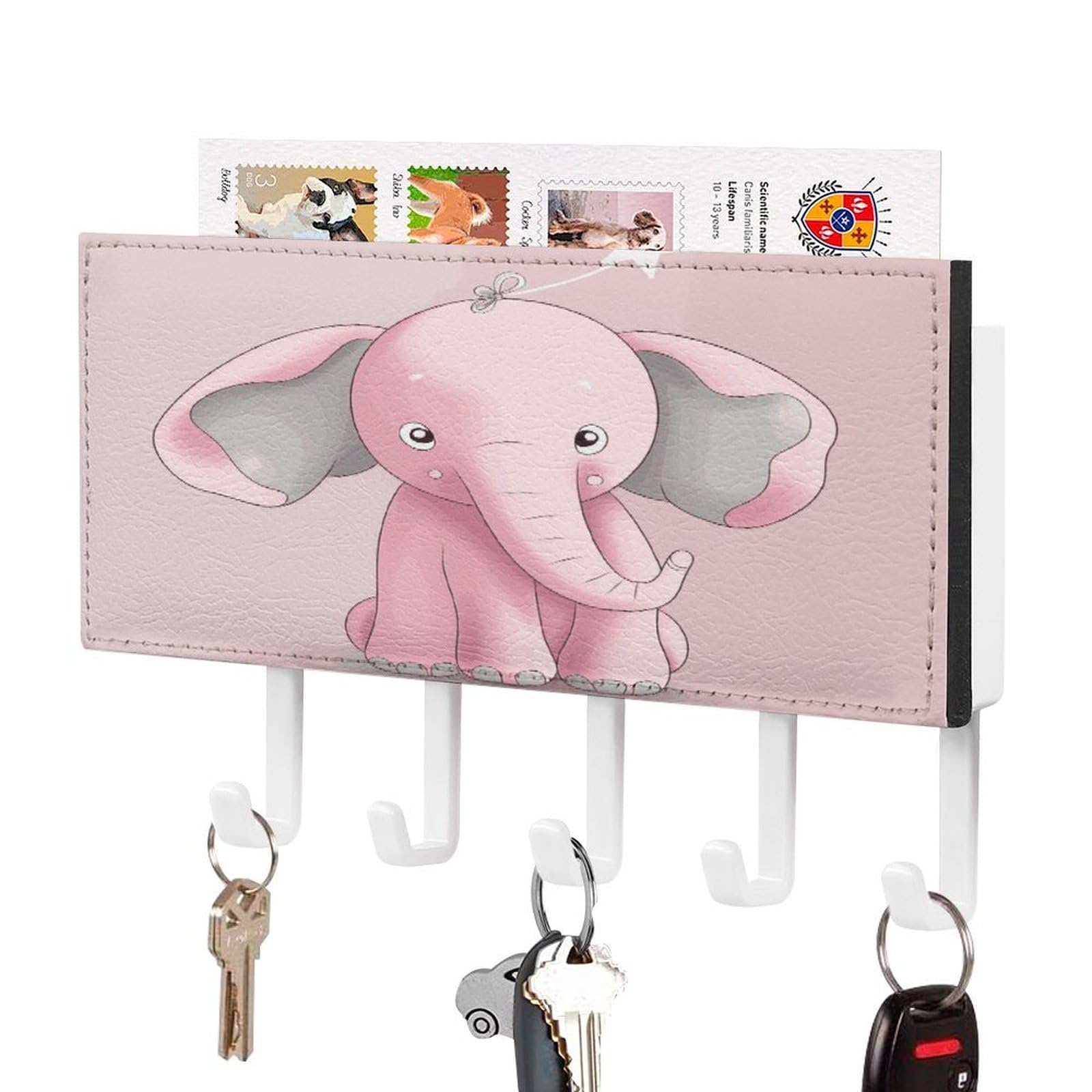 Fekiloot White-Style Pink Elephant Key Holder Wall Mount Decorative Key And Mail Holder With 5 Hooks Key Hanger Organizer Pu Key Rack Decorative Home Decor For Wall Living Room Entryway Office