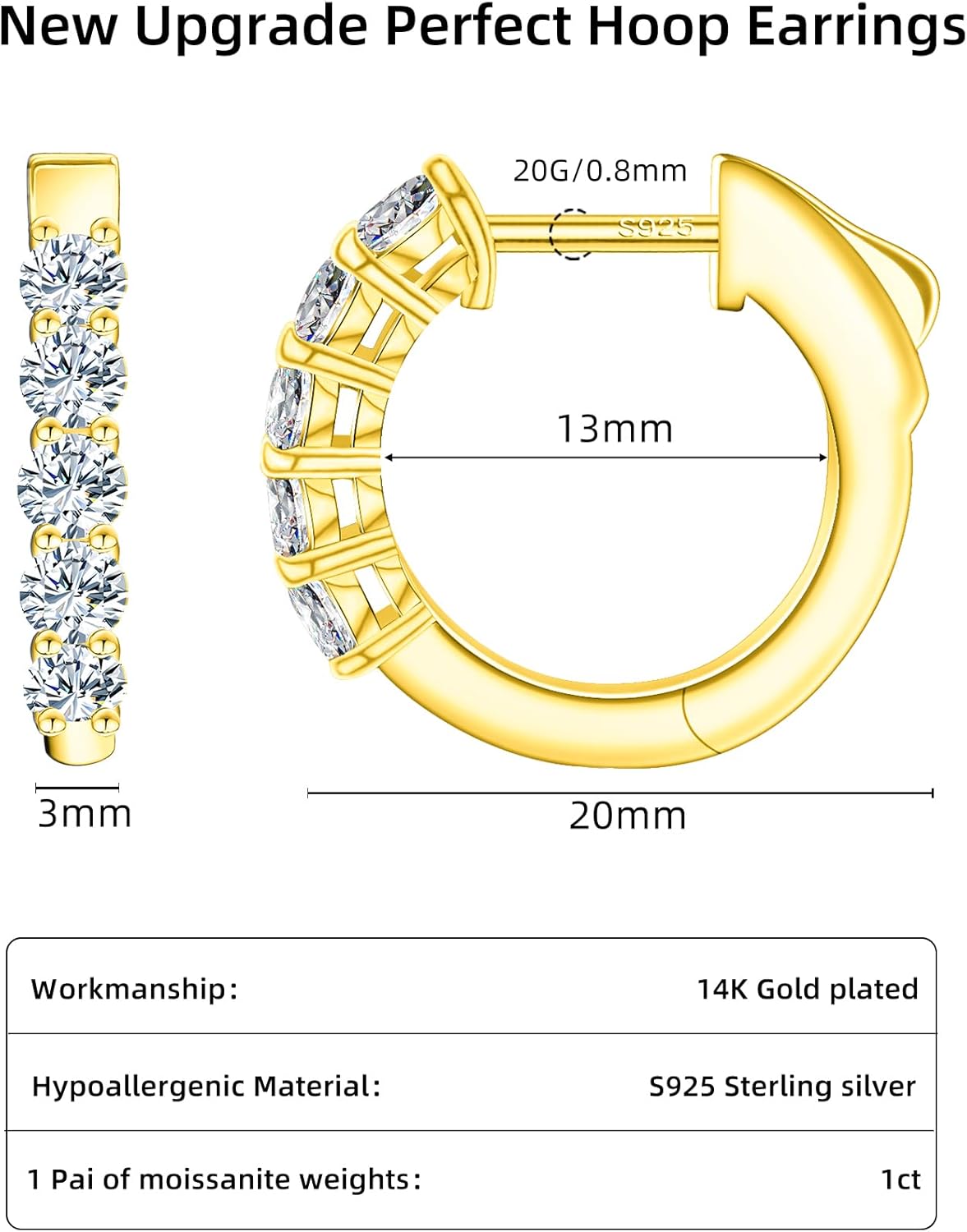 Moissanite Huggie Earrings for Women, 18K White Gold Plated 925 Sterling Silver Hypoallergenic Small Hoop Earrings