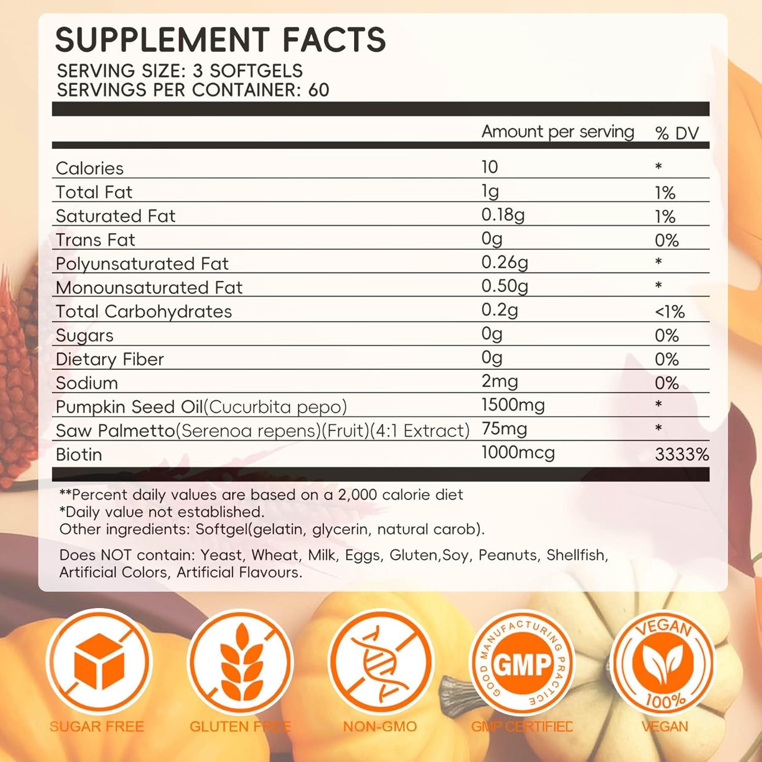 Premium Pumpkin Seed Oil Softgel- 1500mg per Serving with Saw Palmetto & Biotin, Cold Pressed, Pure Virgin Oil for Hair, Urinary,Bladder & Prostate Health, 180 Count. - Image 2