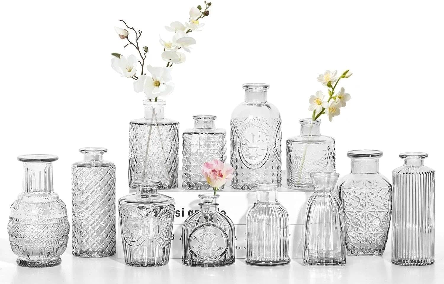 12 Pieces, Small Glass Vases, Vintage Style with Structural Pattern, for Flowers and Home Decor (Clear, 12 Pieces)