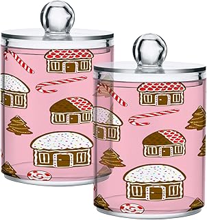 Christmas Gingerbread Clear Plastic Jars with Lids 2 Pack Qtip Holder Dispenser for Cotton Ball Swab, 14Oz Versatile Apothecary Jar Canisters Storage Organizer for Bathroom Kitchen