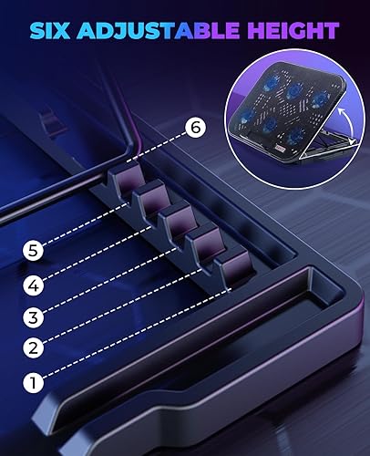 Miniatura 3 de HAVIT Almohadilla de refrigeración para laptop con 6 ventiladores silenciosos y alturas ajustables para portátiles de 12 a 14.1 pulgadas, puertos