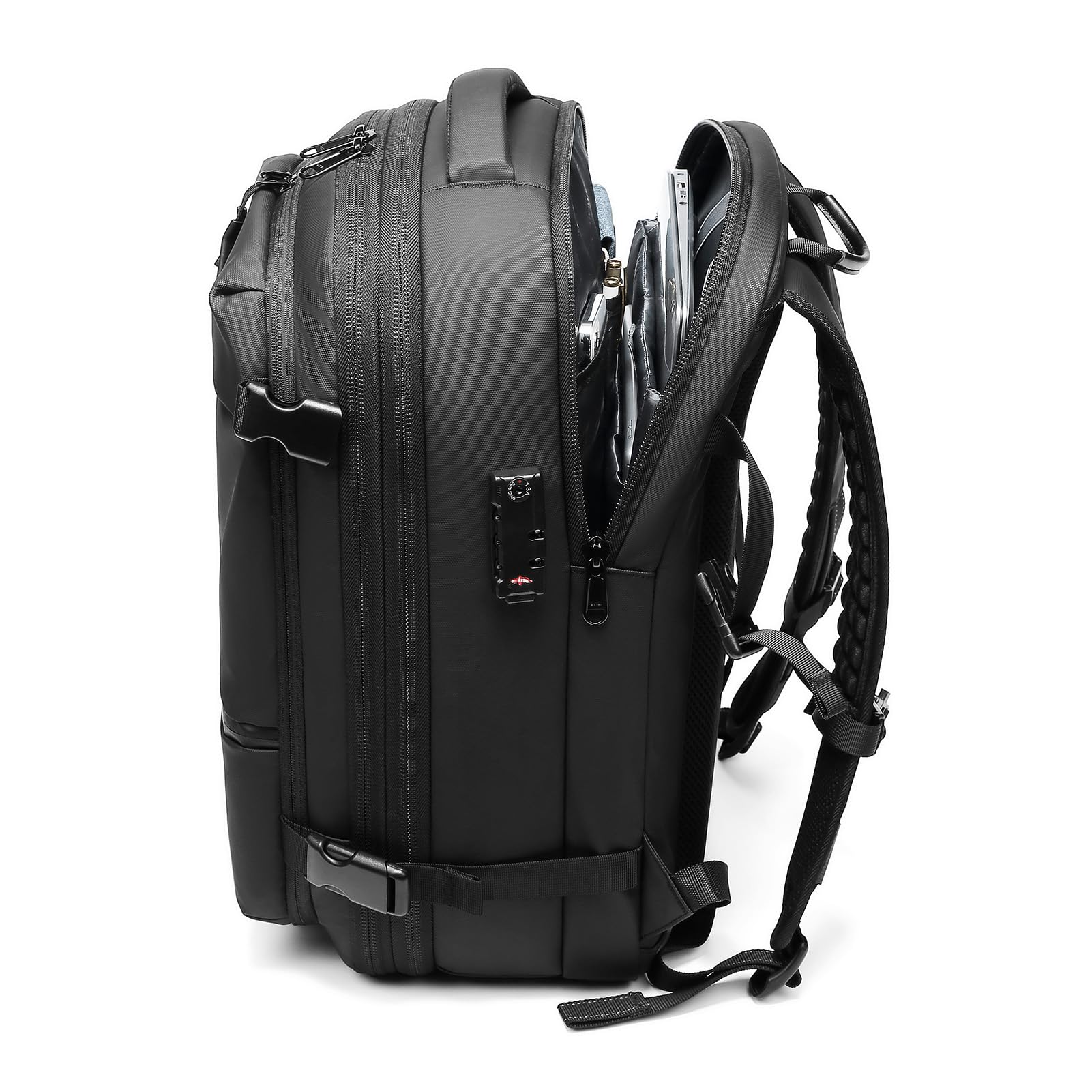 Jectse Zaino a Compressione con Chiusura Sottovuoto Zaino da Viaggio Espandibile Antipioggia per Affari da 25 a 60 Litri, Scomparto per Laptop per Viaggiatori D'affari (BLACK)