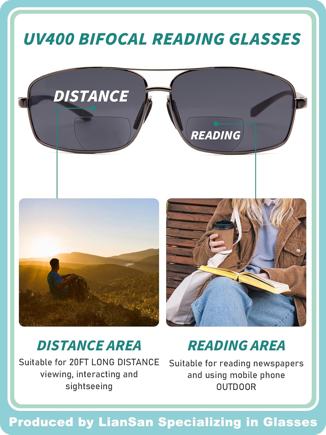 LianSan Retro Polarized Bifocal Sunglasses for Men Women,Metal Frame Top Clear Sun Readers with UV Protection Anti Glare(Gunmetal,2.50x) - Image 5