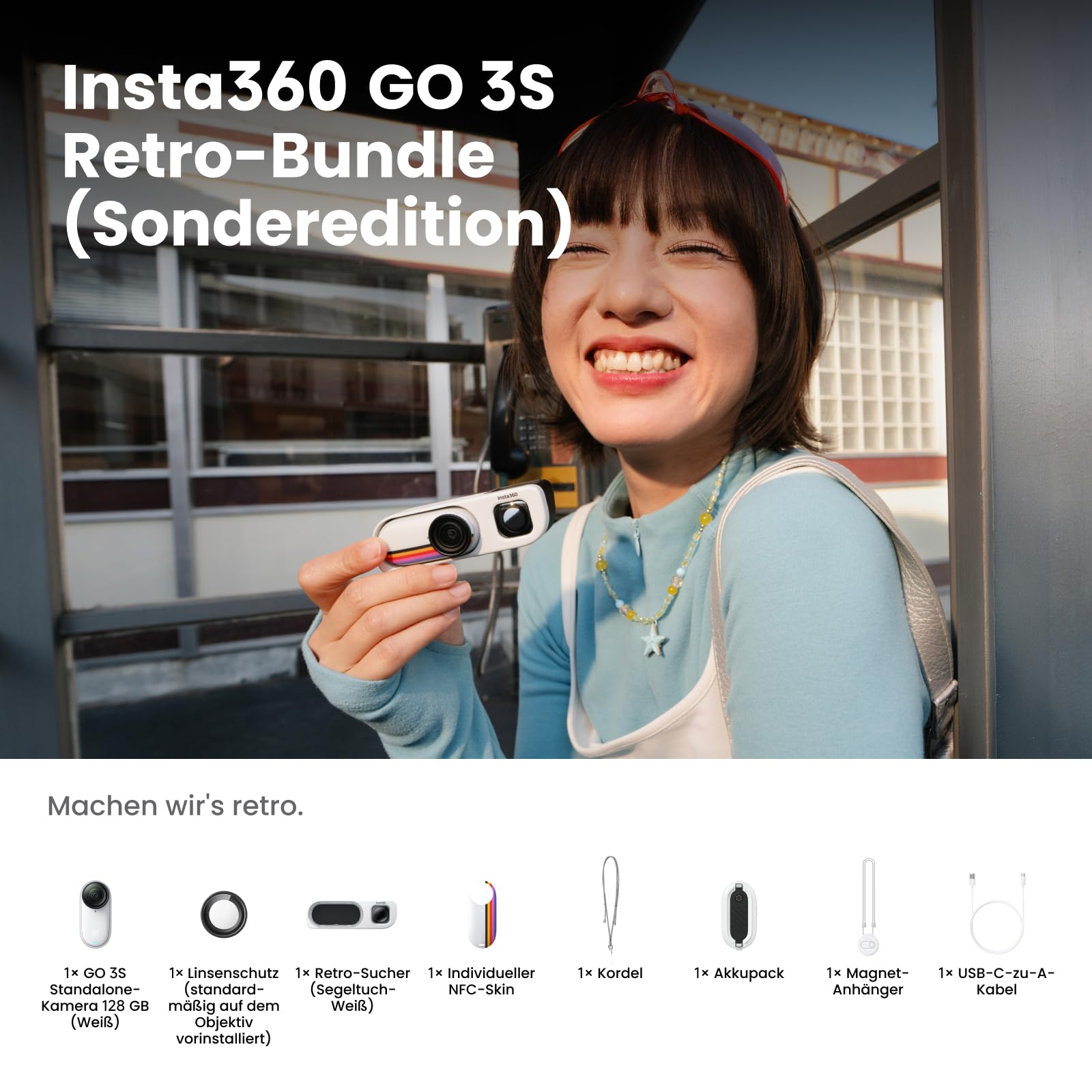 Insta360 GO 3S Retro-Bundle Sonderedition 128 GB Weiß 4K Vlogging-Kamera Freihand-POV-Kamera Retro-Filter 30 fps Extra-Akku