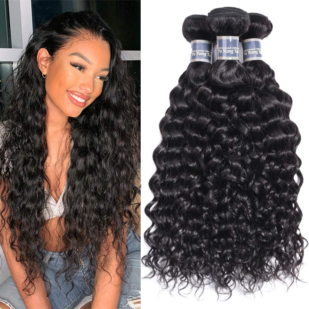 Yuyongtai Brazilian Water Wave Bundles 16 18 20 Inches 3 Bundles Wet and Wavy Human Hair Weave Bundles Water Wave Hair Unprocessed 1B Color Ocean Wave