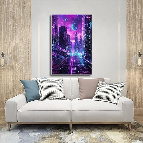 Miniatura 5 de Futuristic Neon City Wall Art  Synthwave Aesthetic Poster with Grid & Planet Elements Modern Wall Prints Abstract Geometric Minimalist Art Framed