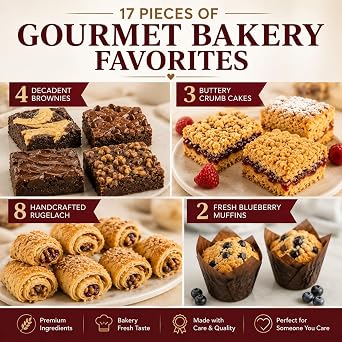 Dulcet Gift Basket Premium Fresh Gourmet Baked Goods Gift Box for All Occasions Assorted Brownies, Crumb Cakes, Rugelach & Muffins Elegant Bakery Dessert Box