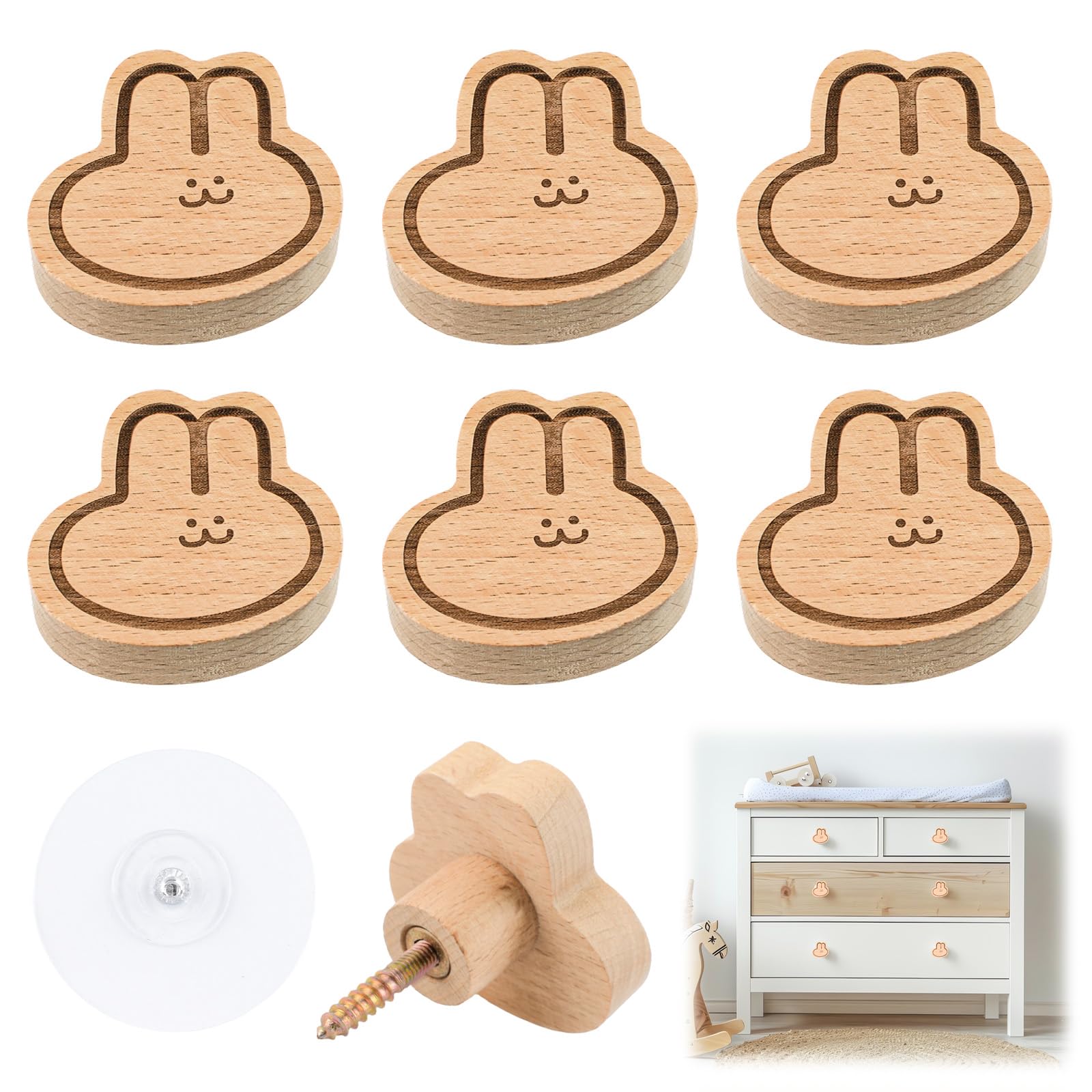 MOROBOR 6PCS Rabbit Shaped Wooden Knobs, Single Hole Beech Wood Handles Animal Cabinet Pull Knob for Chest of Drawers with Screws & Expansion Tube — image 1