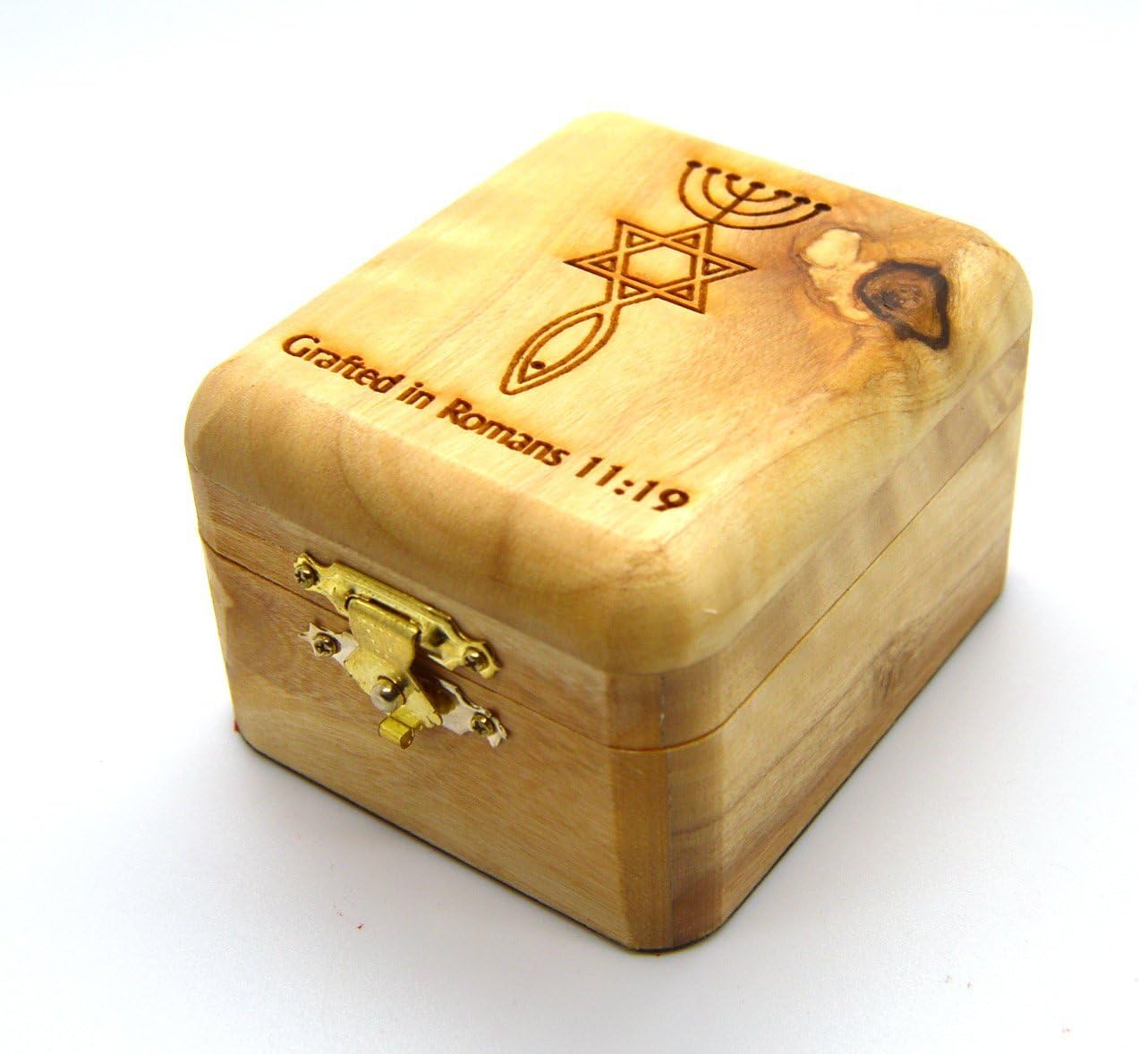 Handcarved Holy Land Olive Wood Rosary Jewelry Box (Messianic Sign)