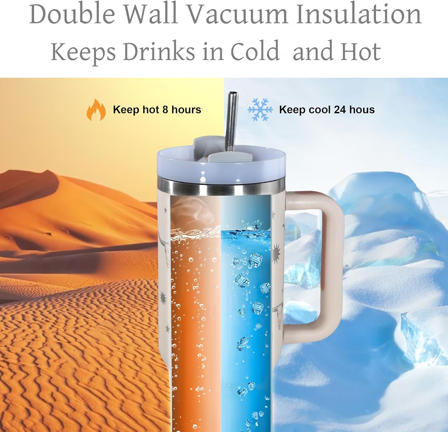 AGH 40 OZ Tumbler with Handle Laser Bull Head Pattern, Stainless Steel Insulated Cup with Straw, Travel Coffee Cup Portable Car Tumbler for Outdoor Camping, Birthday Gift (Rose Quartz) - Image 2