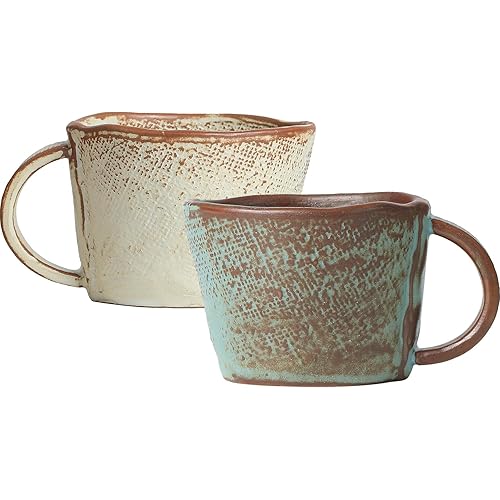 Handmade Primitive Coffee Mugs, Old Barn Weathered Design Ceramic Coffee Cup Set of 2, 8 oz(Blue and Beige)
