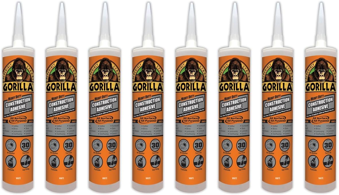 Gorilla8010001-8 Heavy Duty Construction Adhesive, 9 oz, White, (Pack of 8), 8 Pack