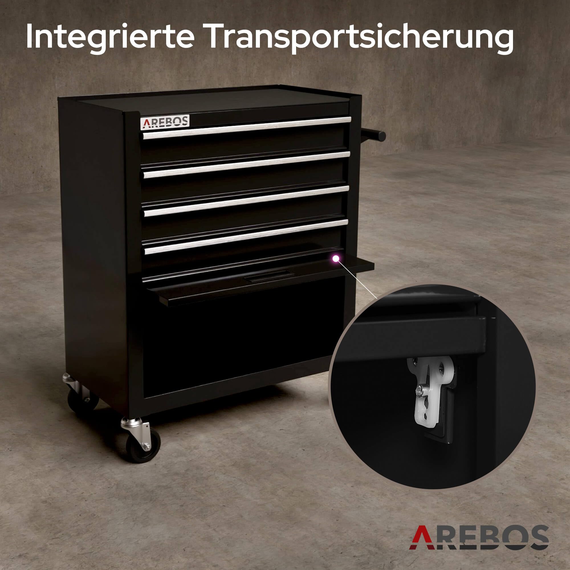 Arebos Werkstattwagen 4 Fächer + großes Fach für Werkzeug Kratzfeste Oberfläche | inkl. Antirutschmatten | kugelgelagerte Schubladen Interlock-System | 2 Rollen mit Feststellbremse | Schwarz