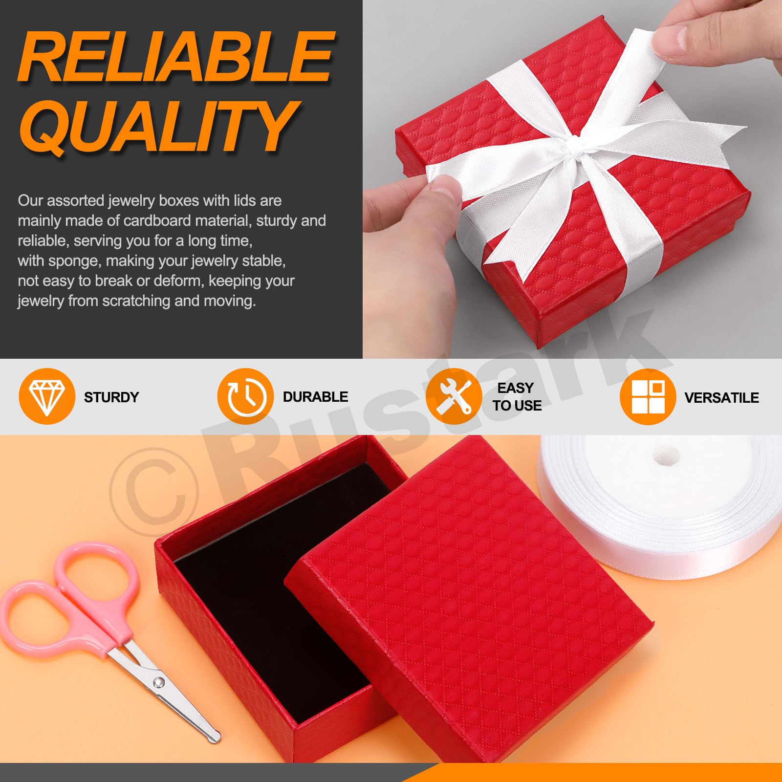 12Pcs Red Cardboard Jewelry Gift Boxes Set - 3.5x3.5x1.2 Inch, With Satin Ribbon & Scissors, For Necklaces, Rings, Earrings