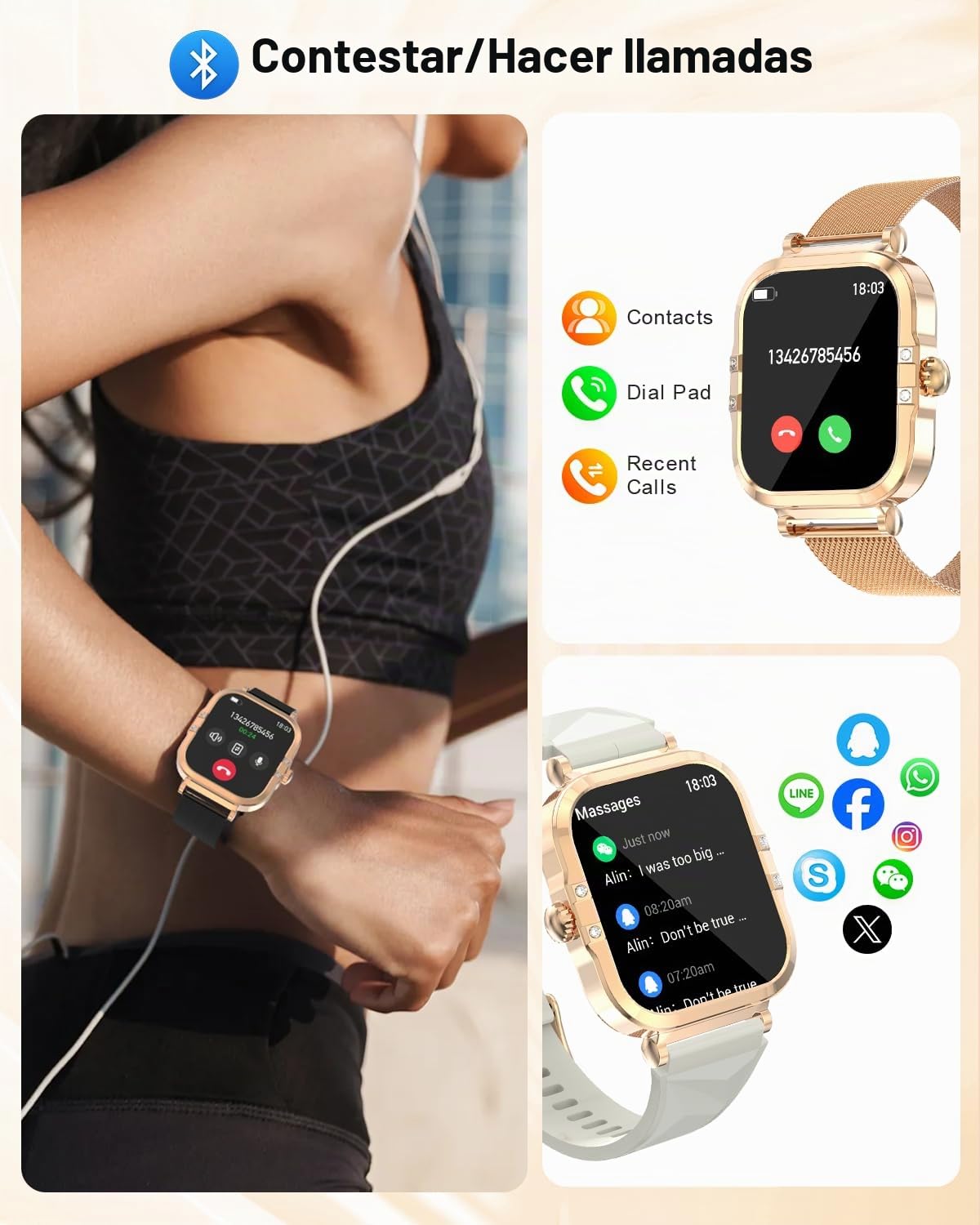 Smartwatch Mujer, LUNETTE Ultradelgada 1.75" Pantalla Táctil Llamadas Bluetooth, 260mAh 100+ Modos Deportivos, SpO2, Reloj Cardíaco, Monitor de Sueño, Contador de Pasos, IP68, Reloj Deportivo