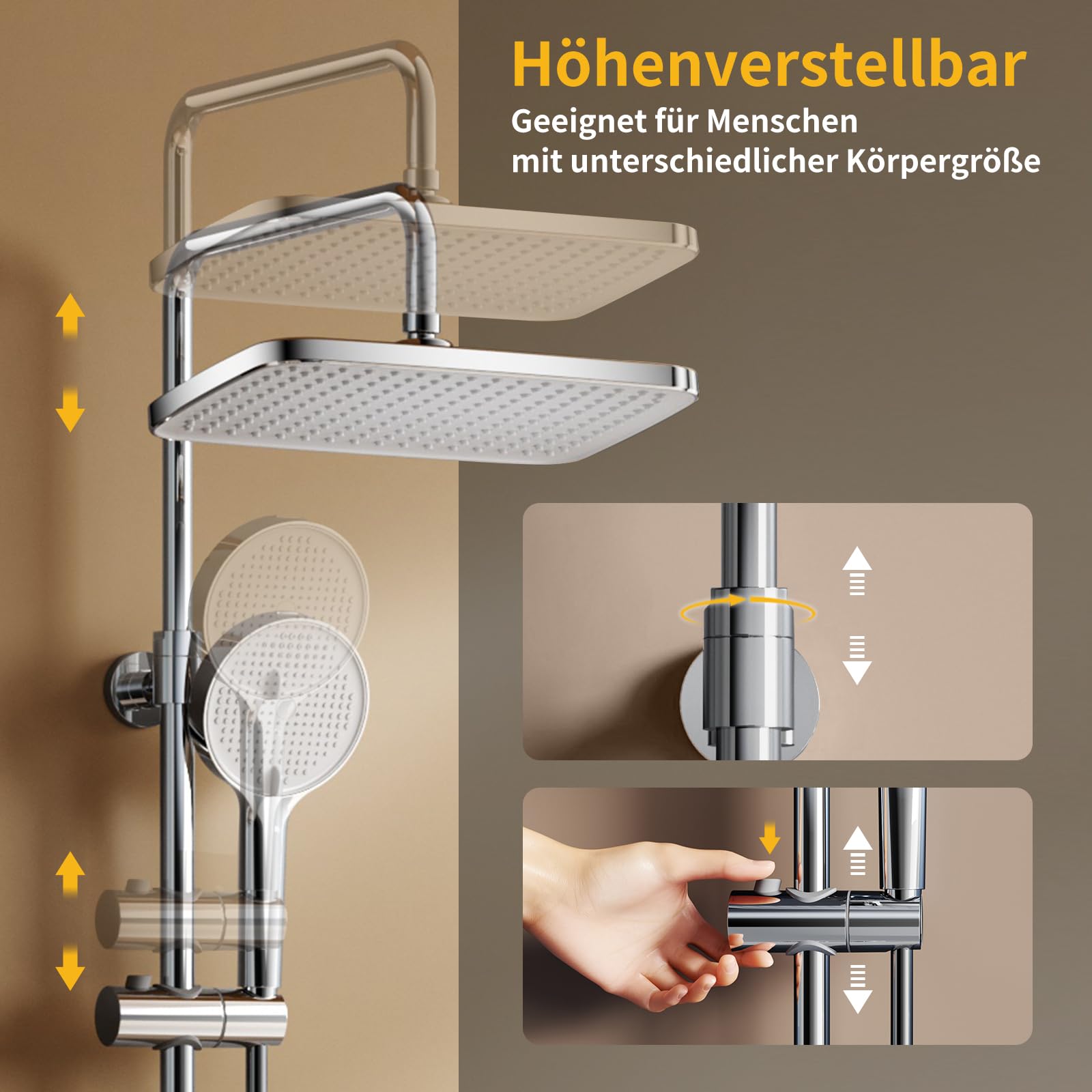 HANLIAN Duschsystem mit Thermostat, Duscharmatur Komplettset mit Sicherheitsverriegelung, Regendusche mit Armatur, Duschamaturenset Regendusche mit Anhebbarer Brausestange (Stil L38, Chrom)