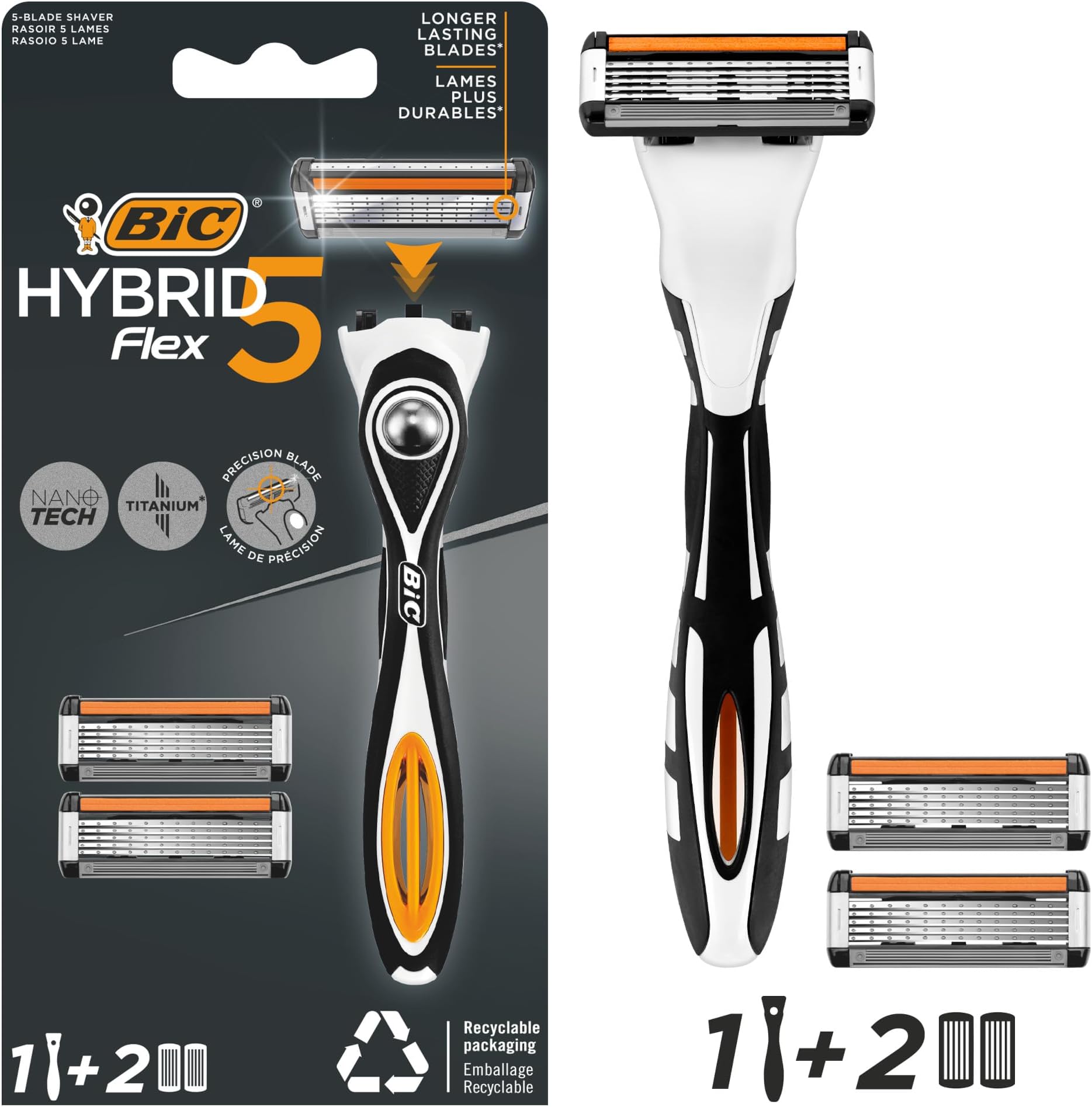Hybrid 5 Flex Refillable Men's Razor Kit, Handle and Nano-Tech Titanium 5-Blade Refills - Box of 1+2