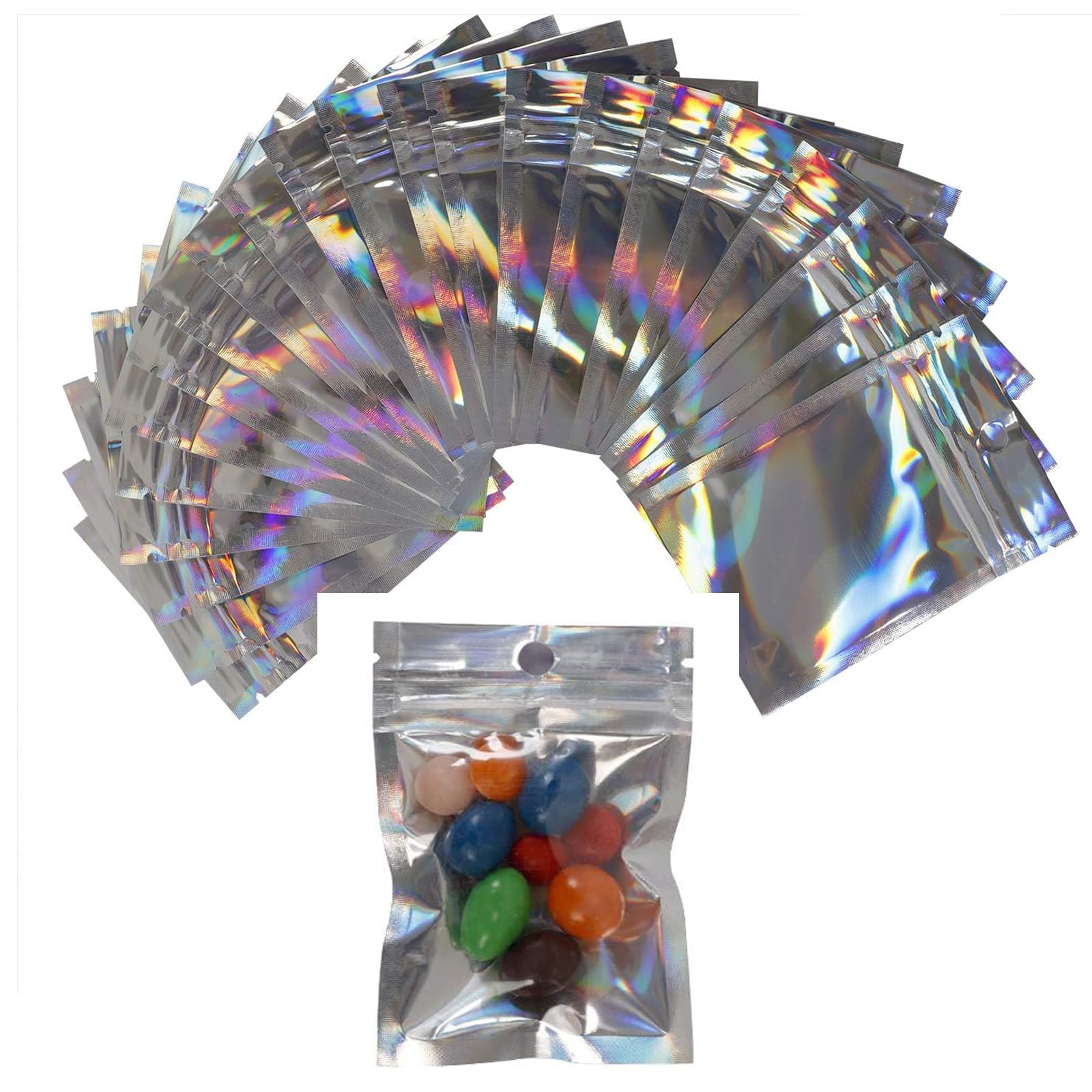 ZOENHOU 300 PCS 3 x 4 Inch Resealable Smell Proof Bags, Flat Clear Mylar Bags Holographic Rainbow Ziplock Storage Bags Plastic Packaging Bags for