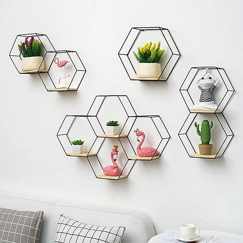 Estantes flotantes hexagonales para montar en la pared, estantes rústicos, estantes de pared de metal para dormitorio, baño, sala de estar, cocina,