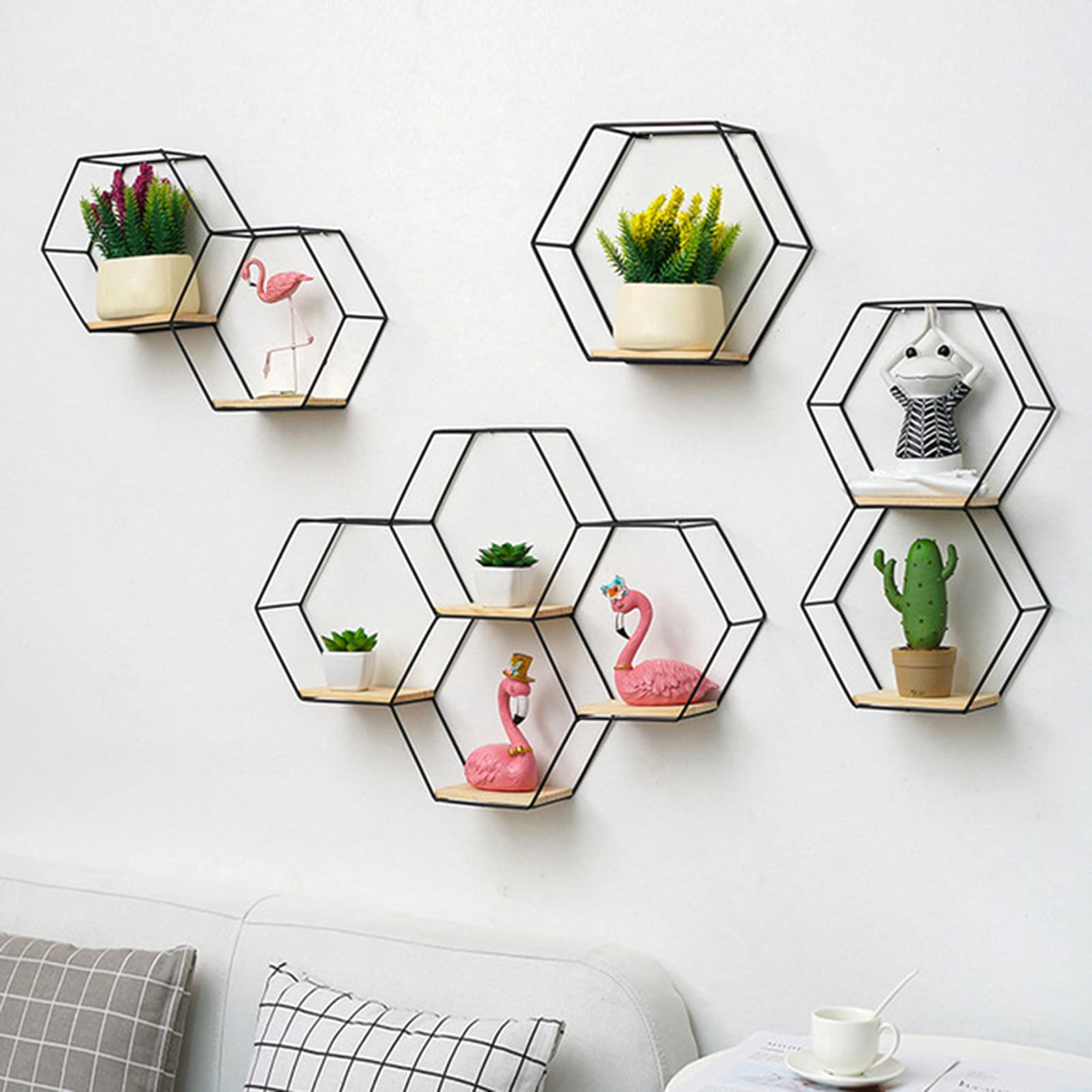 Bigougem, mensole a esagono galleggianti in legno, supporto in ferro da parete, multifunzionale, stile nordico, geometrico, con ripiano esagonale, per casa, camera da letto, bagno, nero, M1, oro