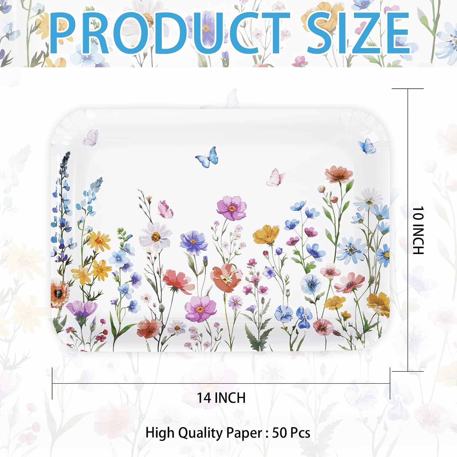 50Pcs Wildflower Paper Platters 10" X 14" Large Spring Floral Serving Tray Disposable Snack Serving Platter Heavy Duty Flower Butterfly Party Plates for Spring Wedding Family Party Decorations