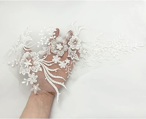 Miniatura 4 de Bordado de flores 3D con ribete de encaje, cuentas de lentejuelas blancas, parches bordados florales para coser en apliques para vestido de novia,