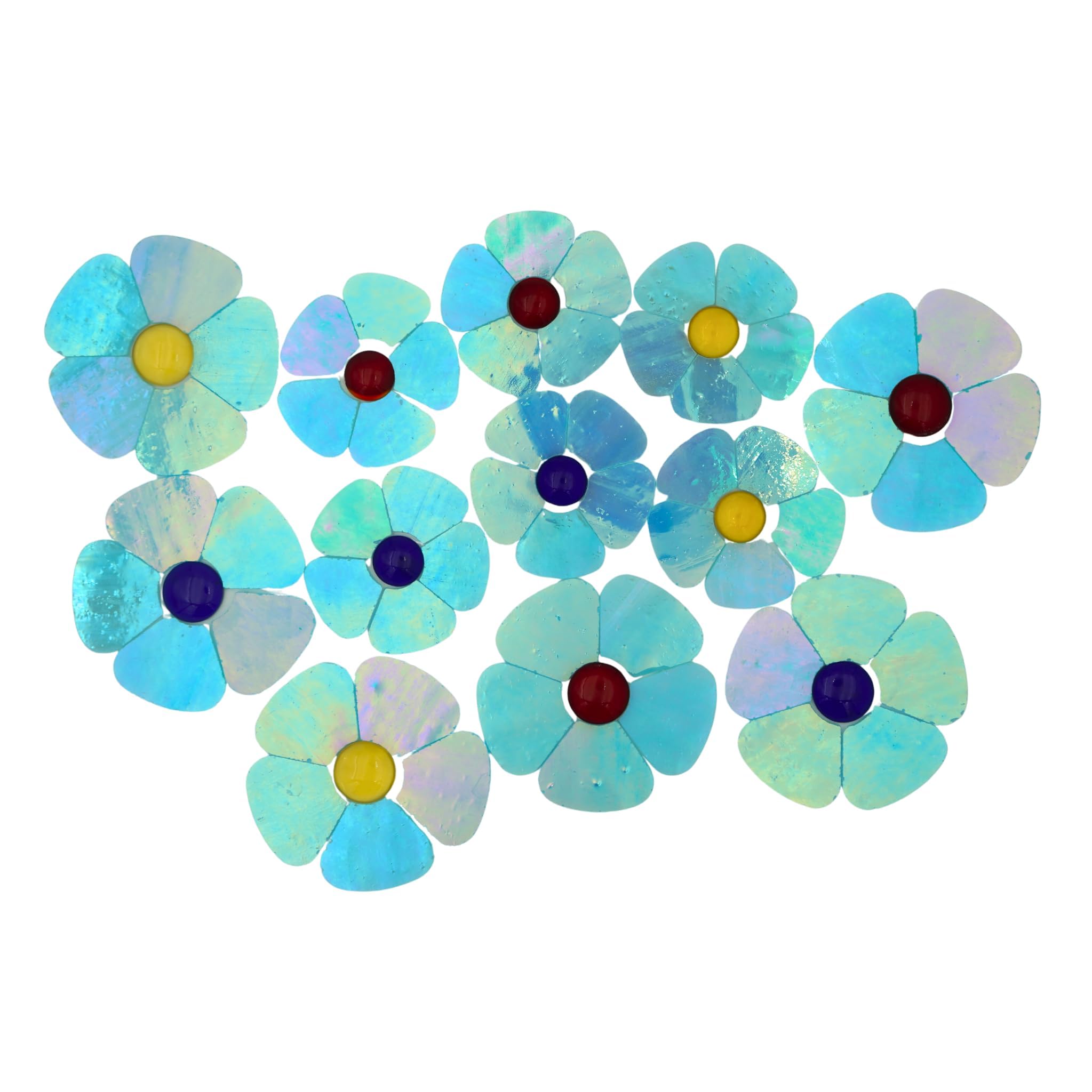 Yuvori Iridescent Flower Mosaic Tiles – 12pcs Mixed Sizes, 5-Petal Iridescent Mica Flowers with Center Beads for DIY Mosaic Art, Fairy Garden, Home Craft, Outdoor Decor (Iridescent Sky Blue)