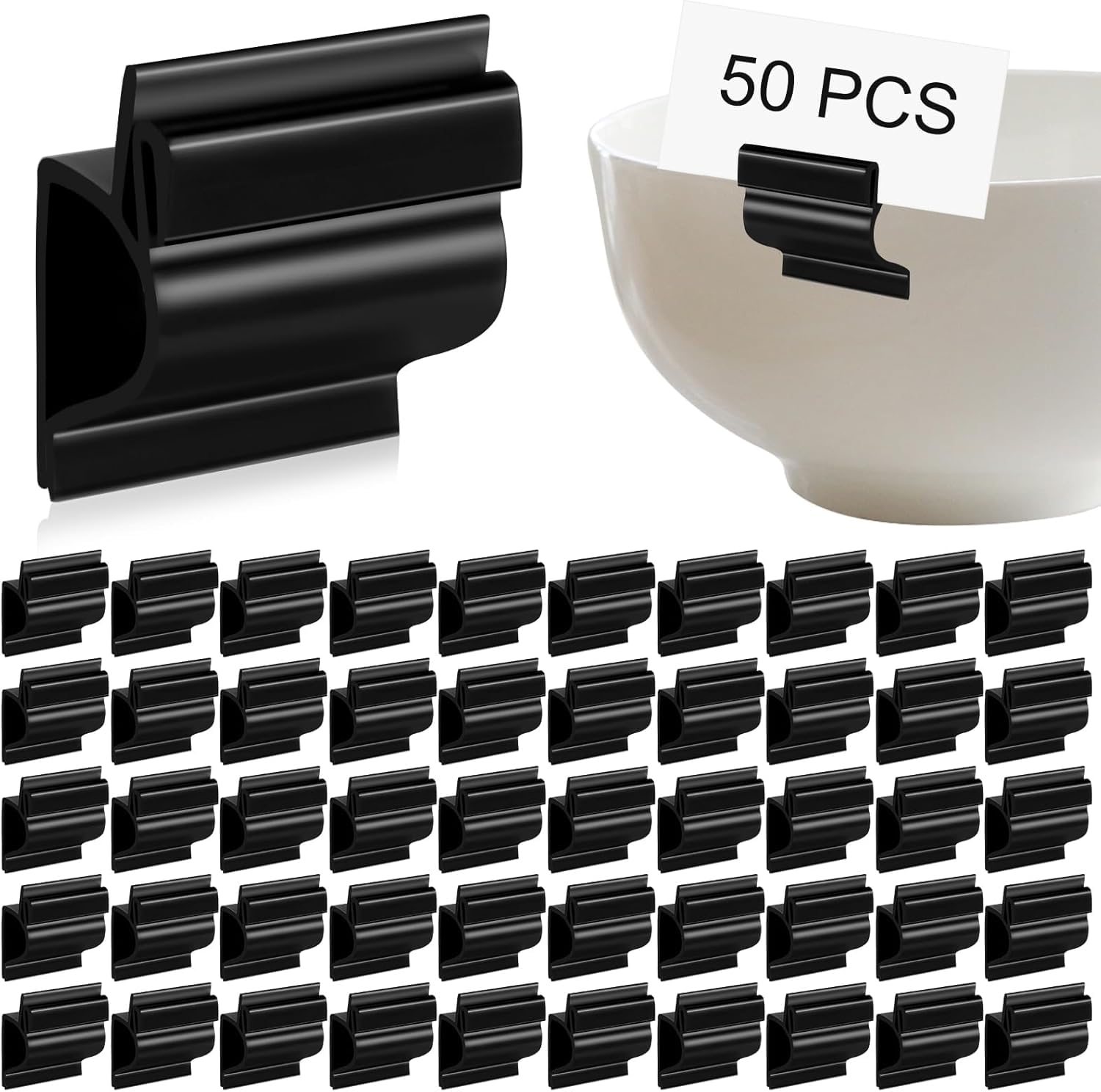 50 Pcs Black Sign Clip Holder Plastic Buffet Food Label Clip Reusable Price Tag Tray Sign Holder for Exhibition Bake Sale Gathering Retail Merchandise Display , Card and Bowl Not Included