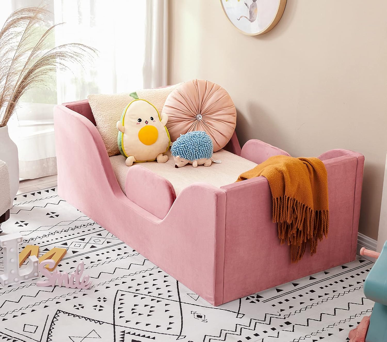 Toddler Bed Frame with Removable Safety Rails, Fits Full Size Crib Mattress, Certified Fabric Toddler Bed (Pink)