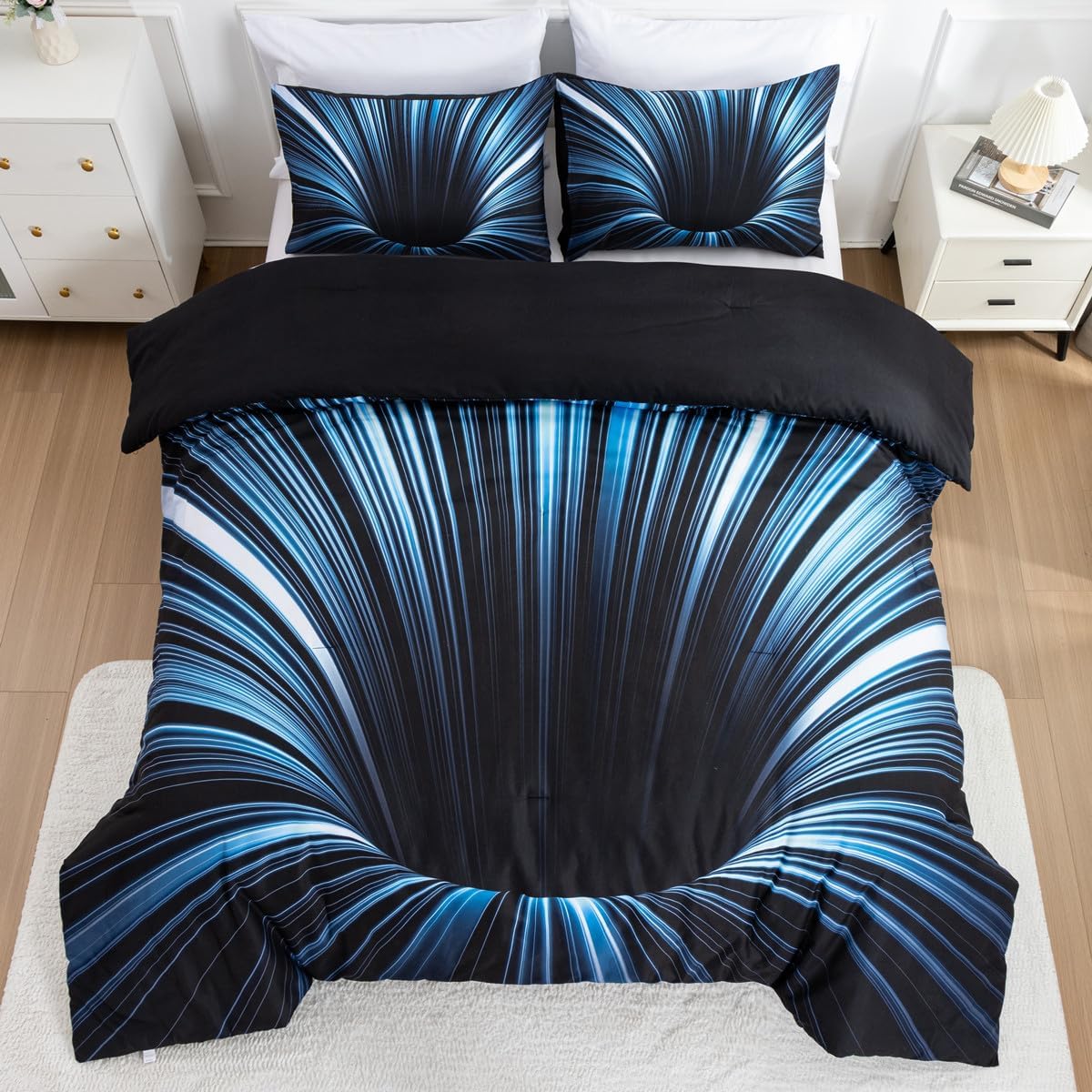 NTBED 3D Abstract Geometric Comforter Set Line Printed Microfiber Bedding Sets for Kids,Blue Queen