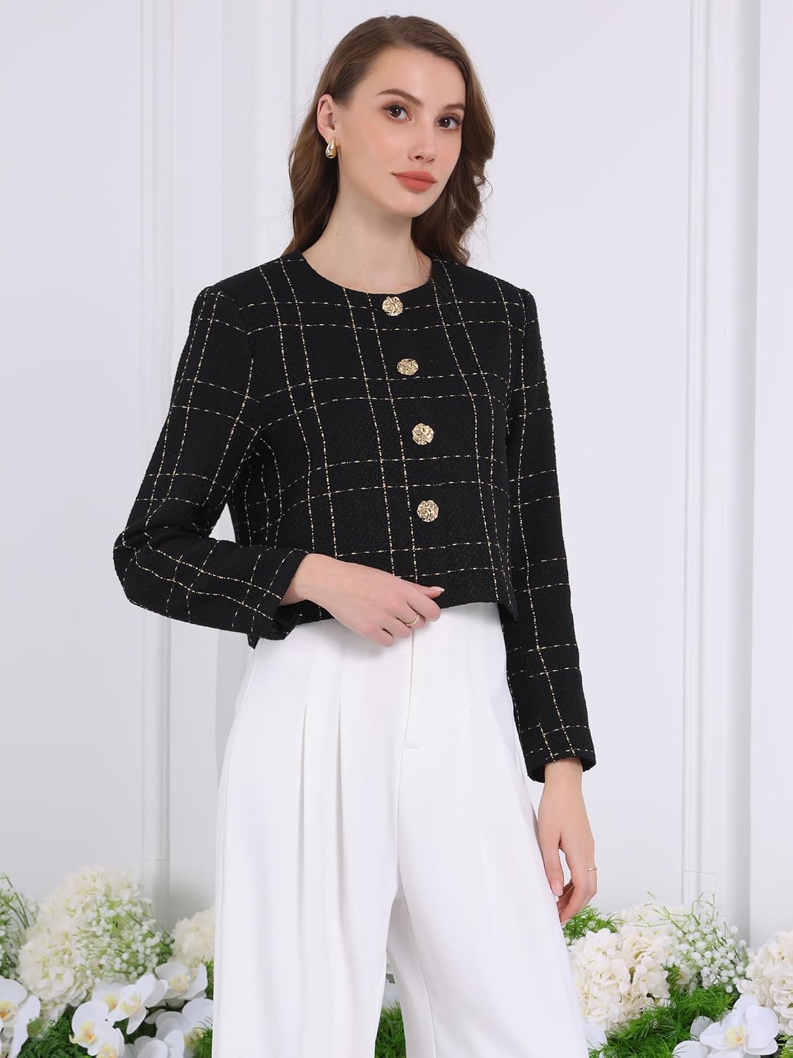 Hobemty Women's Collarless Blazer Plaid Button Front Crop Tweed Jacket
