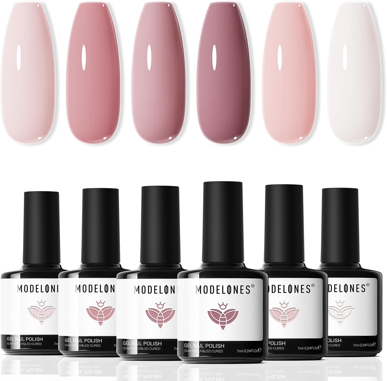 Modelones Gel Polish Set - 6 Colors Nude White Pastel Pink for All Seasons - Soak Off Nail Starter Kit for Manicure DIY and Salon - With Beauty Gift Box