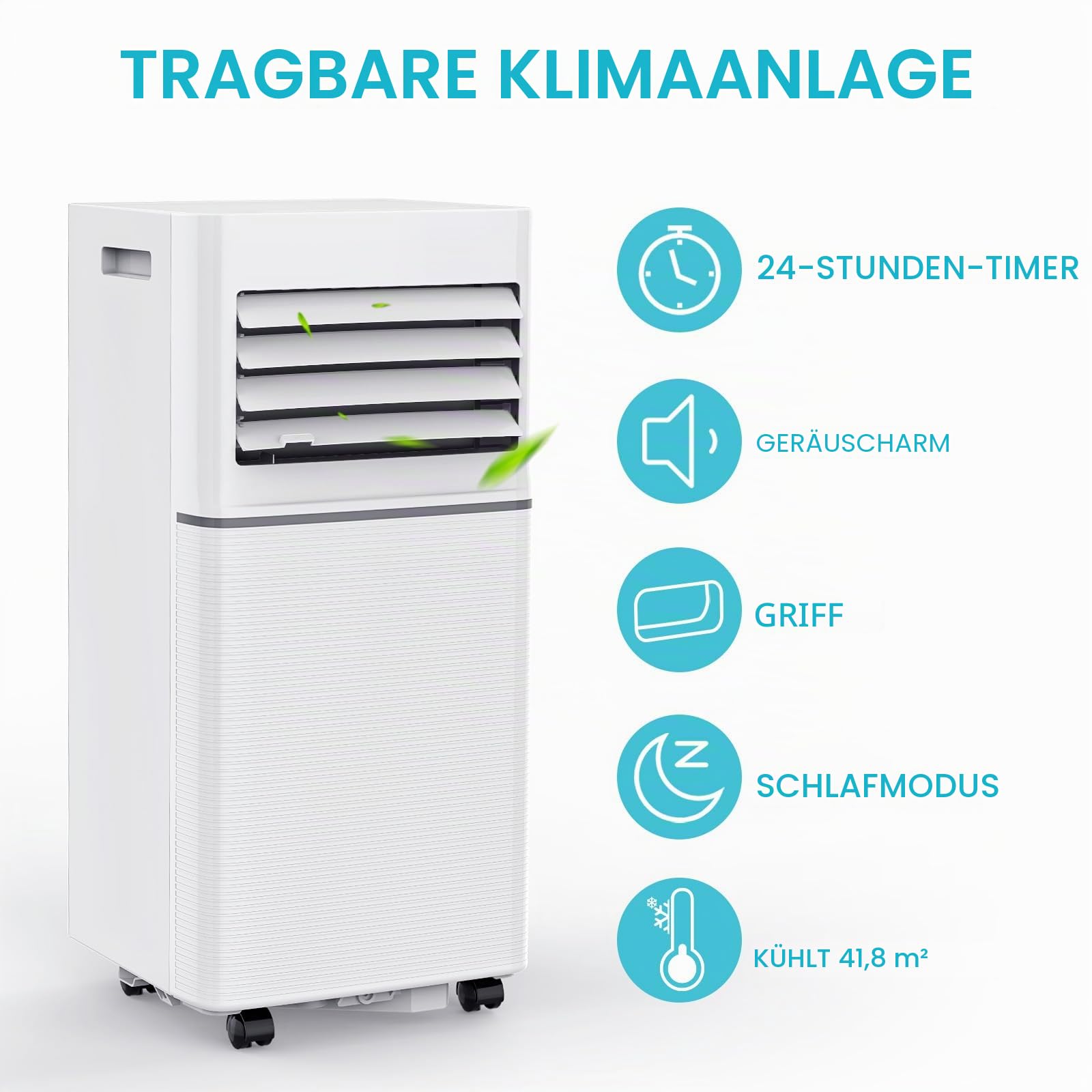 Electactic Mobile Klimagerät 10000 BTU leise für Schlafzimmer, Büro und kleine Räume, 3 in 1 Kühlung, Luftentfeuchter und Ventilator, automatische Verdunstung, 2 Geschwindigkeiten