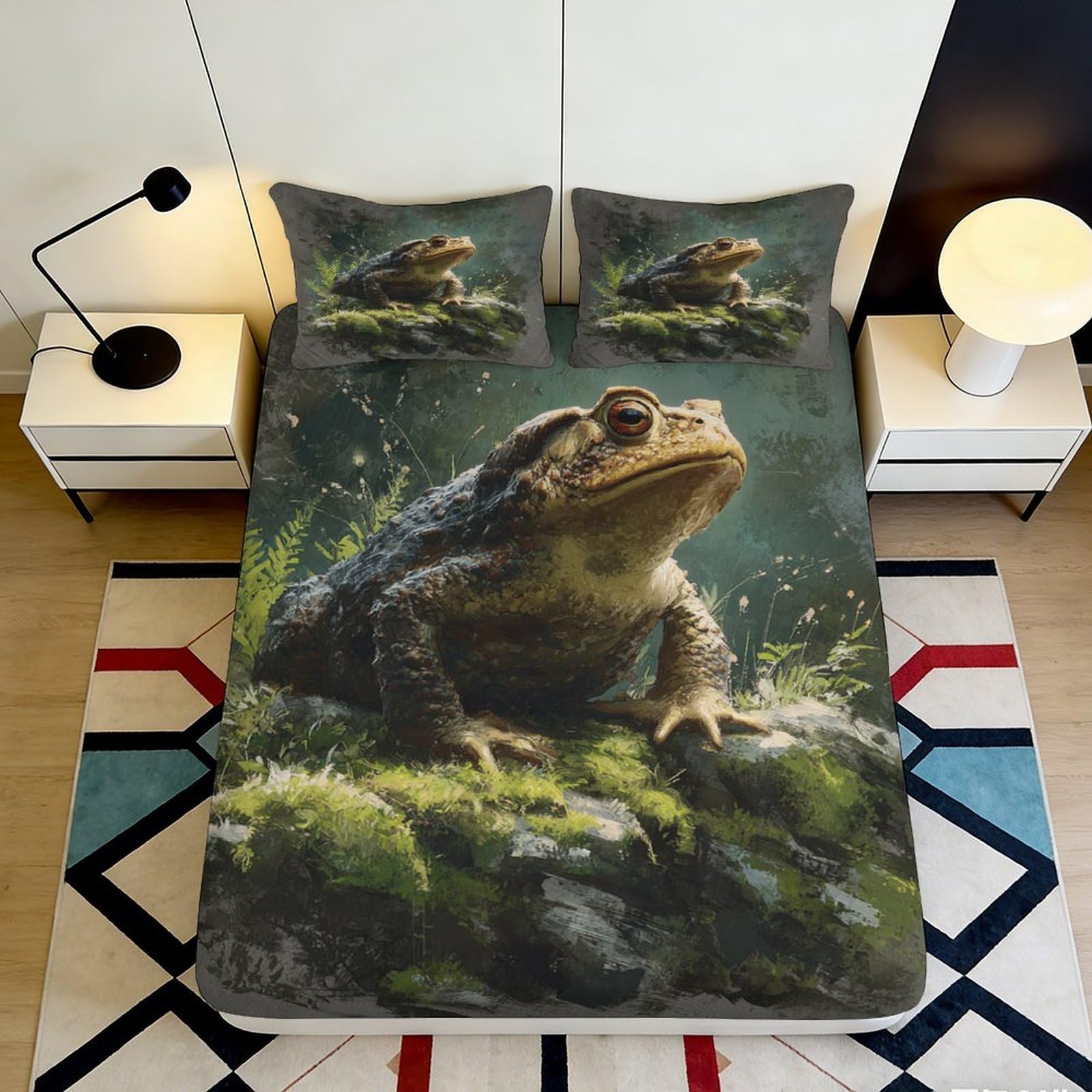 3D Printed Forest Frog Fitted Sheet Microfiber Soft Breathable Moss Rock Bed Cover for Bedroom Guest Dorm Mattress Protection 90x200x25cm