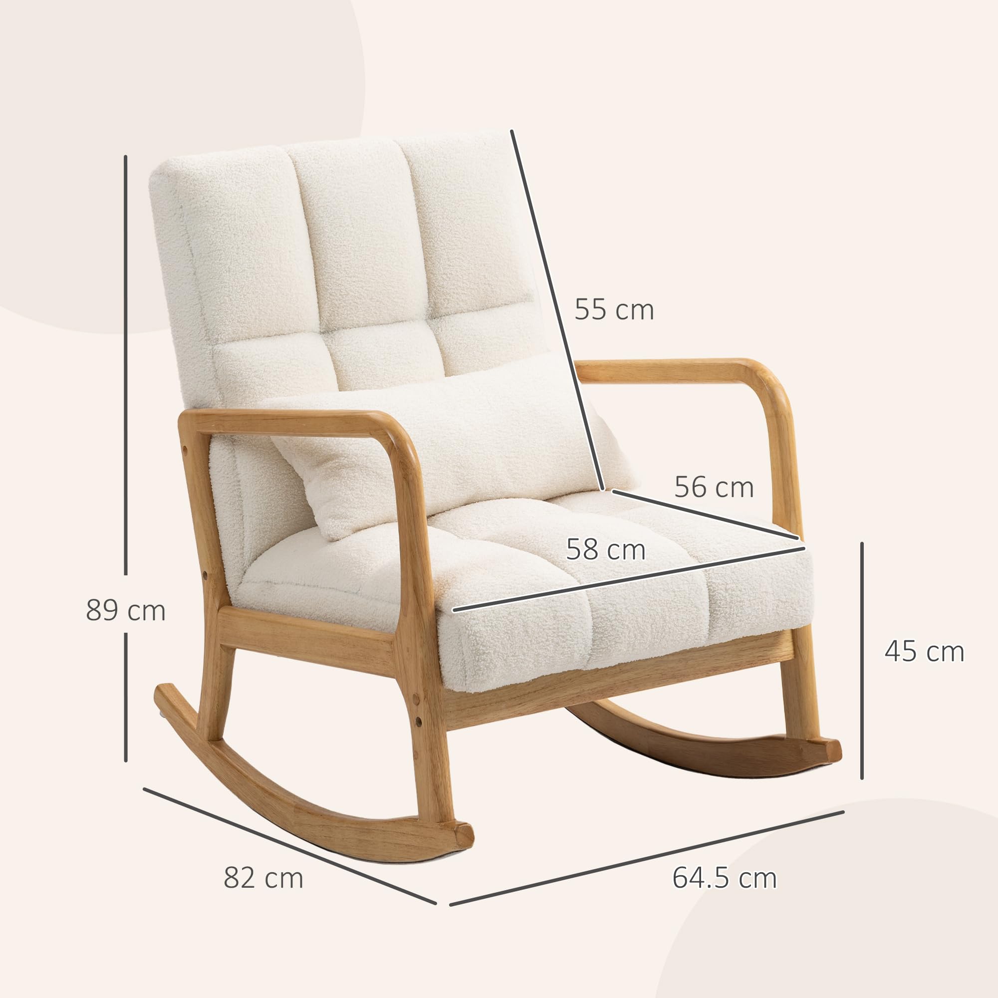 HOMCOM Poltrona a Dondolo 90°-130° con Cuscino Lombare, Poltrona per Salotto in Tessuto Sherpa e Legno, 64.5x82x89 cm, Bianco e color Legno