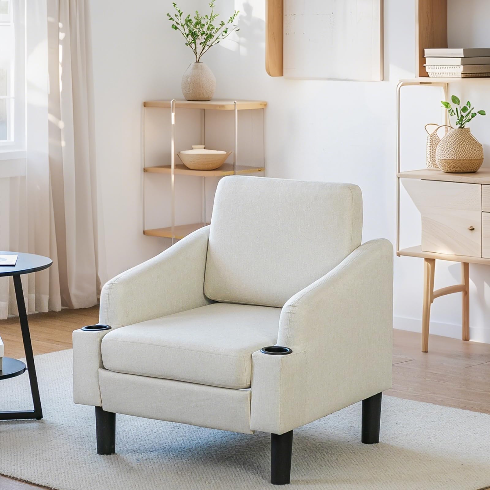 YODOLLA Fabric Accent Armchair with Cup Holders, Beige Upholstered Comfy Chair for Living Room, Bedroom, Reading Nook
