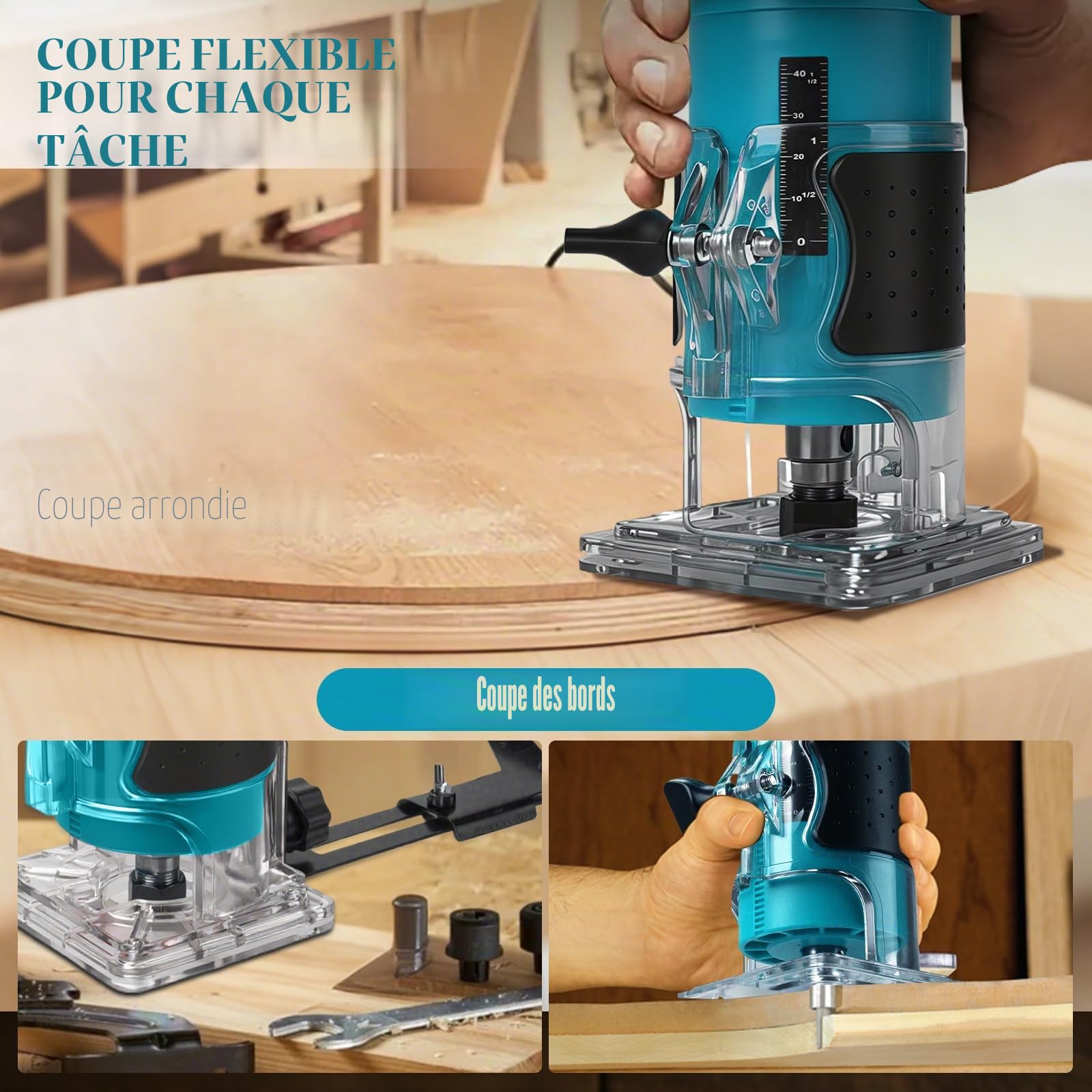 Défonceuse sans fil avec 5 vitesses pour Makita 18V (sans batterie) | Tondeuse à bois, 800W, sans balais, 10000-30000 tr/min, guide droit, 15 forets, fraiseuse manuelle