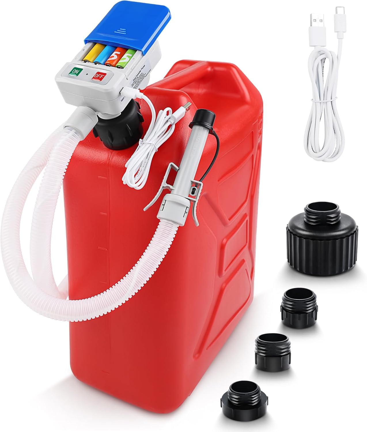 Fuel Transfer Pump 3.2 GPM, Dual Power USB-C & AA Battery, Auto-Stop Gas and Diesel Pump, 51 Inch Hose with 4 Fuel Can Adapters for Easy, Hands-Free Fueling (Red)