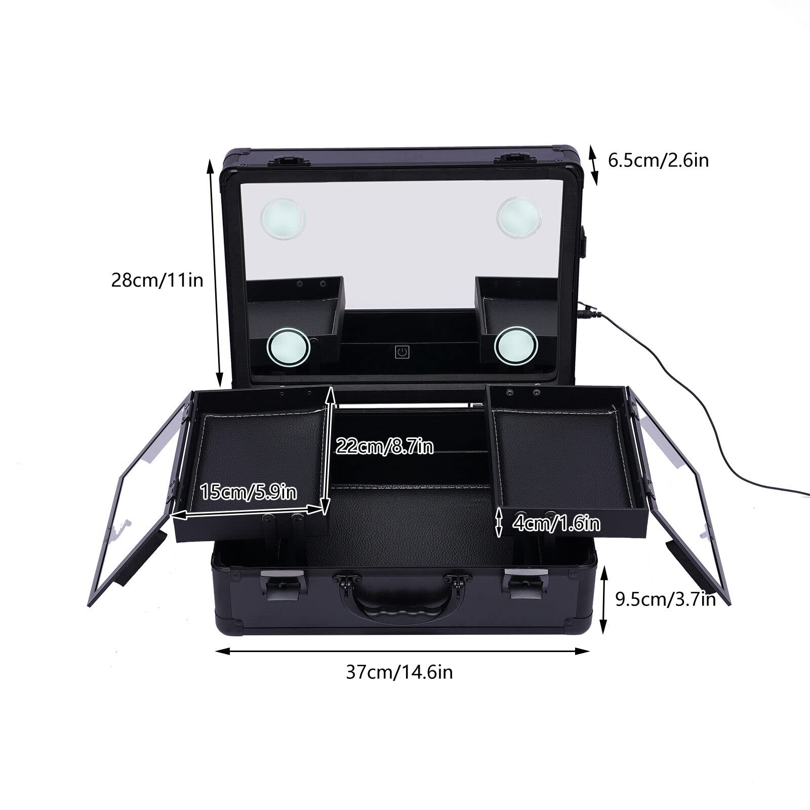 Cosmetic Makeup Case Professionelle Kosmetikbox Organizer Schminkkoffer Kosmetikkoffer Schmuckkoffer Friseurkoffer Beauty Case, mit 4 LED Licht, zum Aufbewahren Aller Arten von Kosmetika (Schwarz)