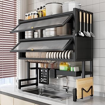 Large 2-Tier Metal Over Sink Dish Drying Rack with Flip-top Door Dish Organizer Rack with Removable Cutlery Basket and Drip Tray for Plates Bowl SinkBlack,75CM/29.5IN