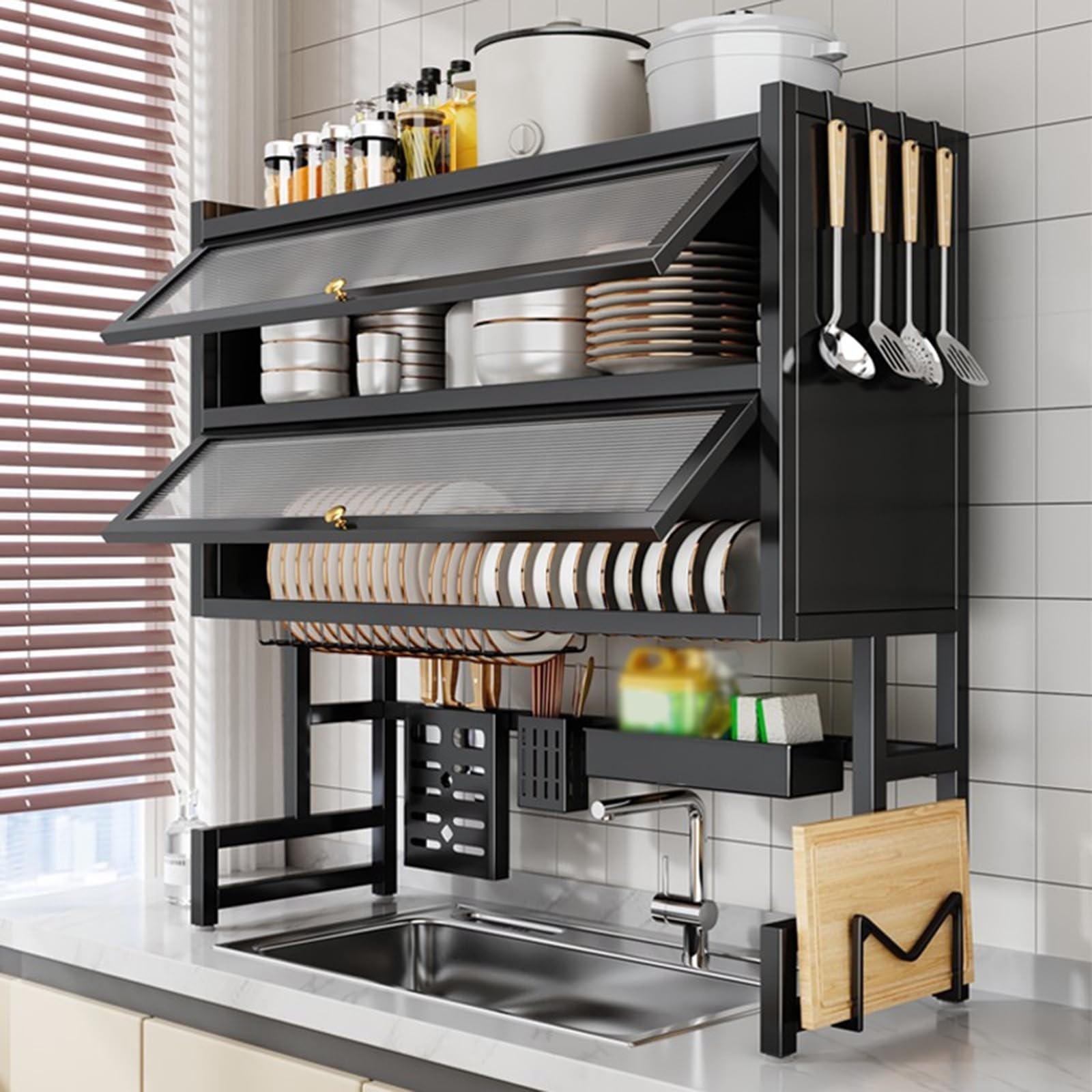Escurreplatos grande de metal de 2 niveles con puerta abatible, cesta extraíble para cubiertos y bandeja de goteo para platos y cuencos