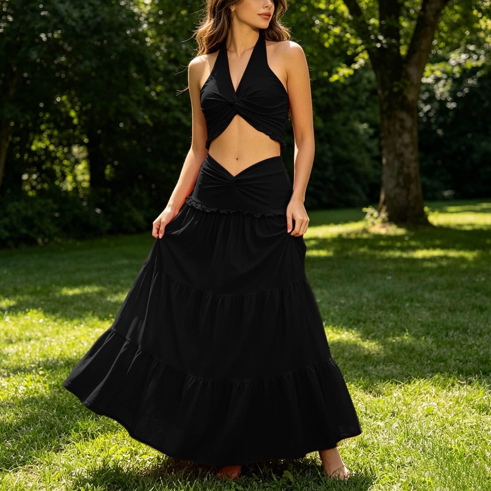 due pezzi alla da donna composto da top corto pieghe gonna lunga. (Black, S
