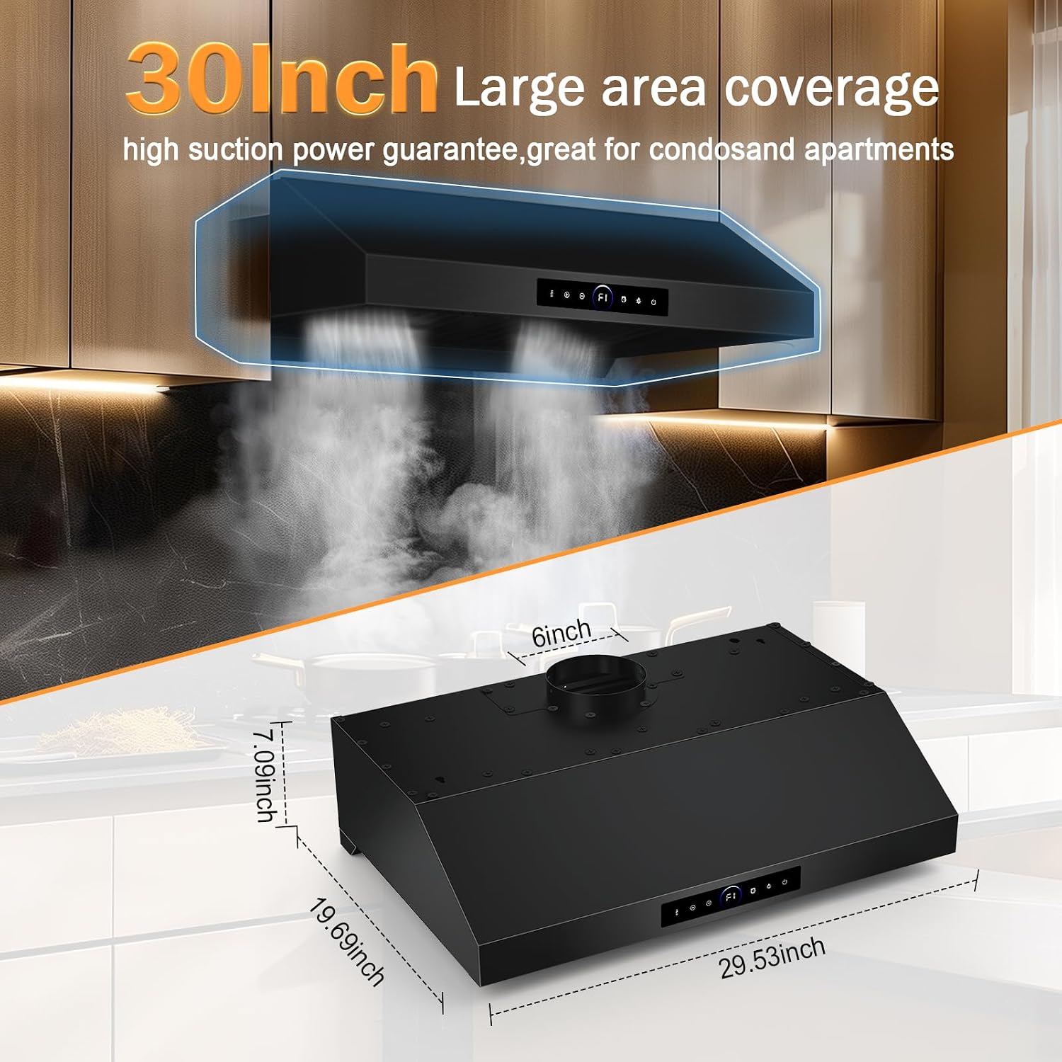 Under Cabinet Range Hood 30 Inch 1200 CFM, Black Stainless Steel, 4-Speed Kitchen Hood with Gesture Sensing & Touch Control Kitchen Stove Vent Hoods, Supports Only Duct Installation
