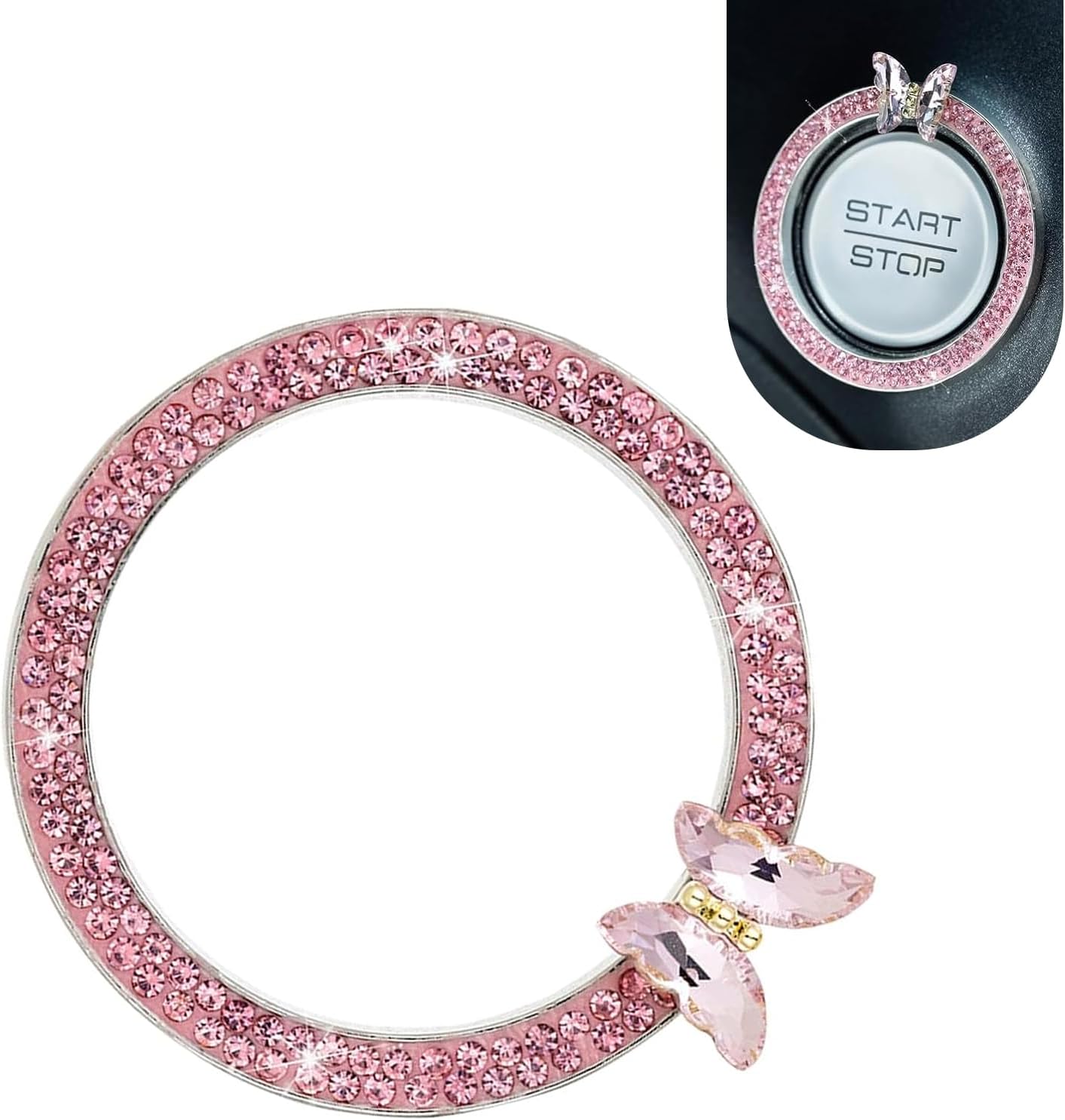 Bling Car One-Button Start Decorative Sticker, Butterfly Key Ignition Knob Ring, Car Interior Decoration Accessories (Pink)