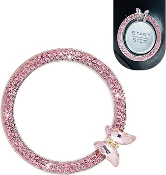Bling Car One-Button Start Decorative Sticker, Butterfly Key Ignition Knob Ring, Car Interior Decoration Accessories Pink