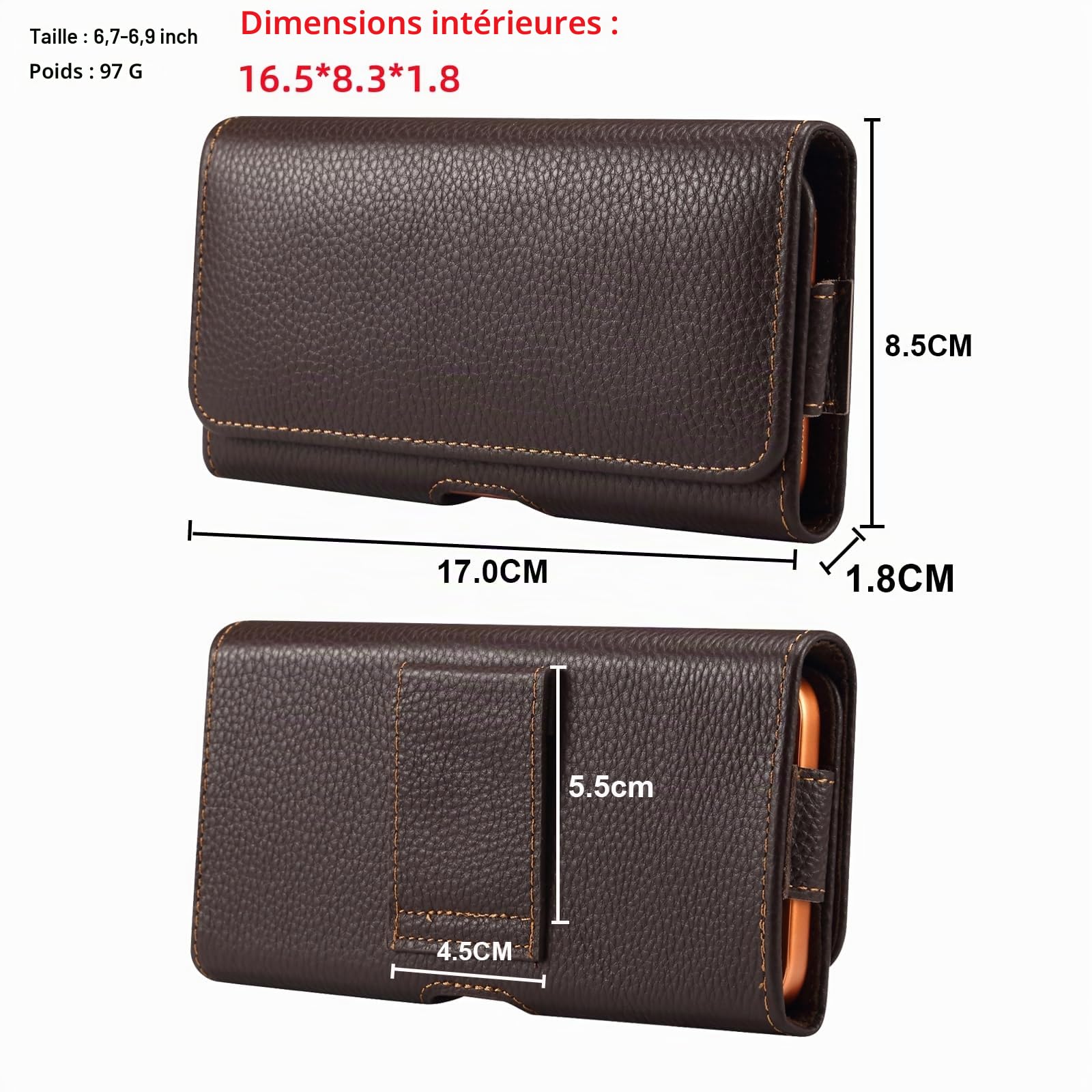 Étui Ceinture Cuir Véritable pour Téléphone 6,7-6,9 Pouces- Brun | Compatible Samsung A56 A26 A16 A36 A17 A06 Xcover7, Compatible Xiaomi 15T, Compatible iPhone Air 16 Pro Max Plus