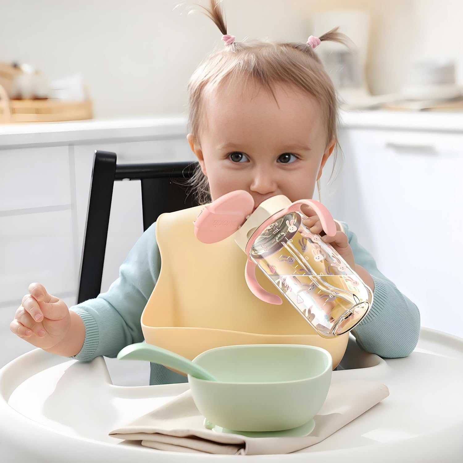 Evorie Tritan Spill Proof Toddler Straw Sippy Cup, 10 oz for Baby and Toddlers 1-3 Years Old, No Spill Straw Water Bottle with Removable Handles, Ideal for School, BPA-Free, Pink Rabbit - Image 8