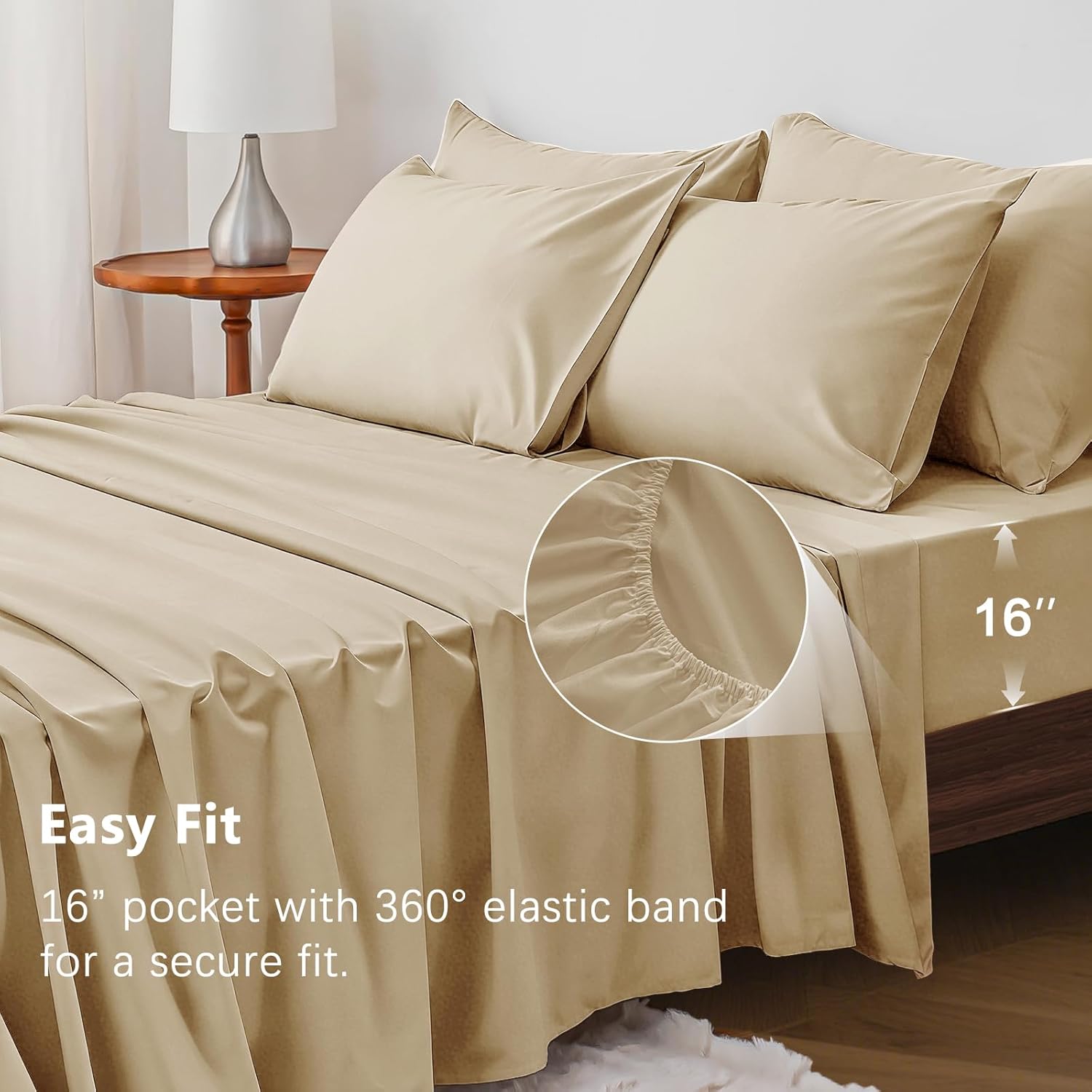 King Size Sheets Set - 6 Piece Luxuriously Soft & Cooling Sheets King Size - Ultra Soft 16" Deep Pocket King Sheet Set - Fitted Sheet & Pillowcase Sets (King Beige)