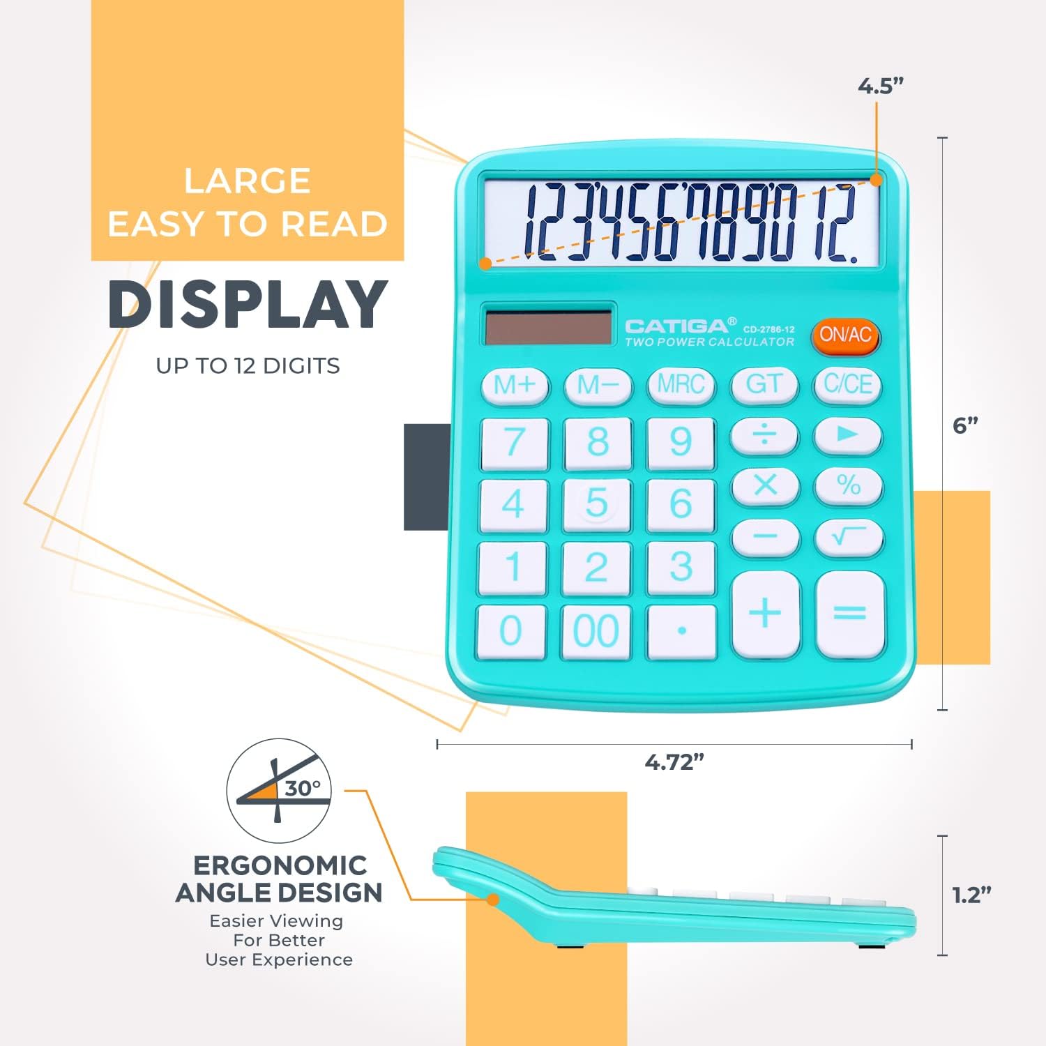 Diagram showing the dimensions and large display of the CATIGA calculator.